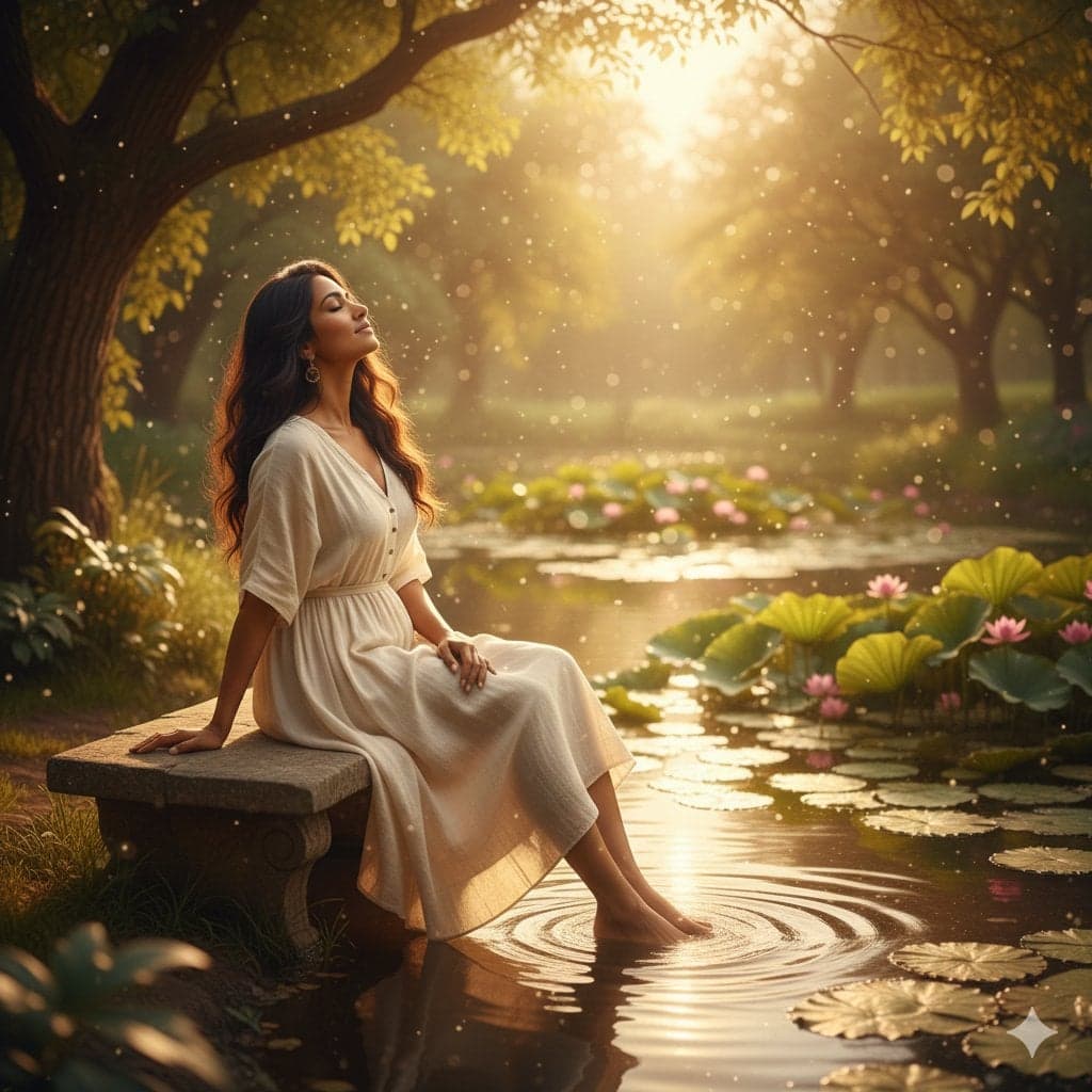 unfolds beside a tranquil pond, where gentle ripples catch t