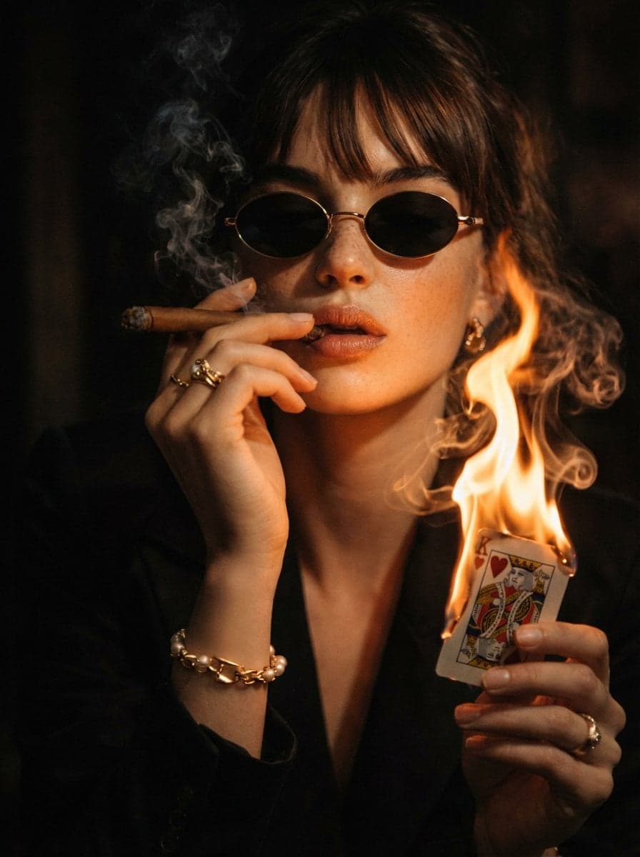 A cinematic, moody portrait of a stylish women in dark suit