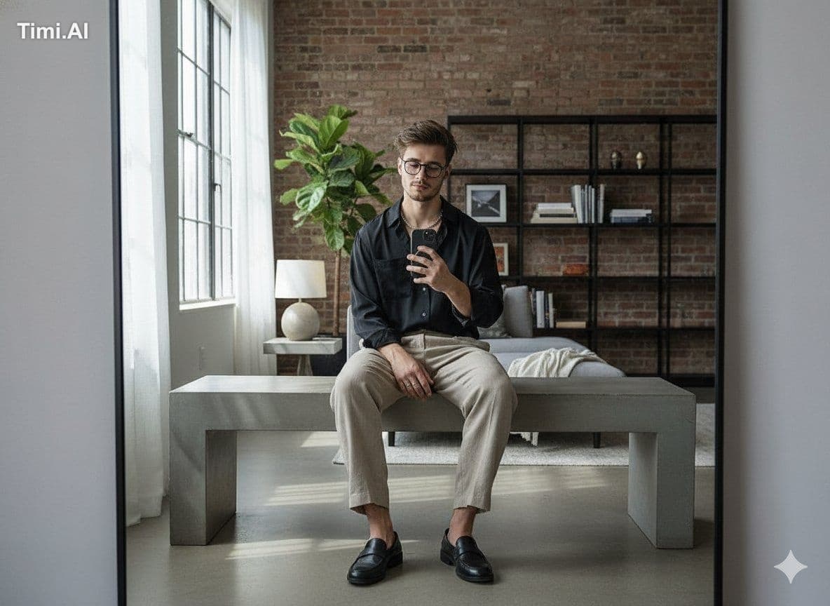 Hyper-realistic cinematic mirror selfie of a man sitting cas