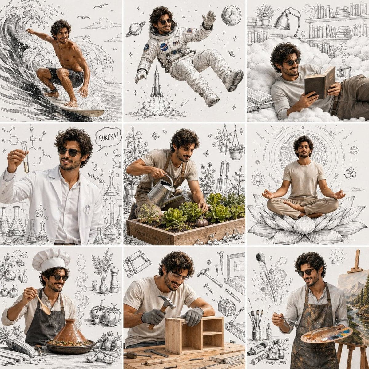 Create an ultra-realistic 3×3 editorial lifestyle collage fe