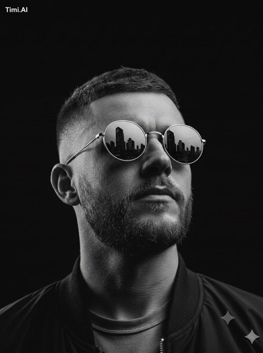 A dramatic 3:4 portrait of a man with a sharp fade haircut a
