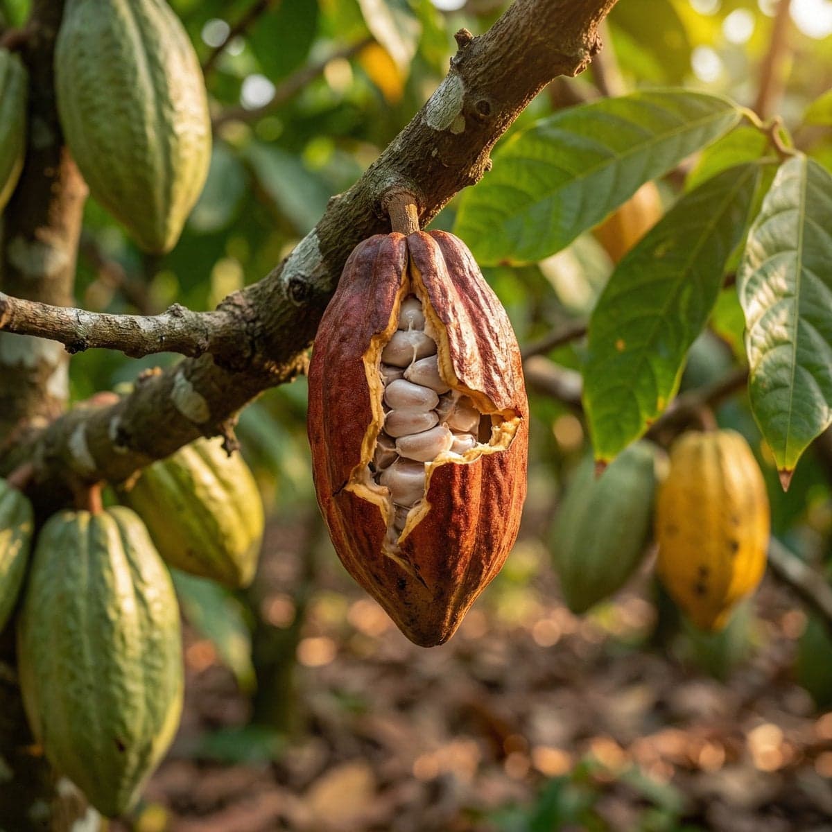 High-quality realistic commercial shot of a cocoa plantation