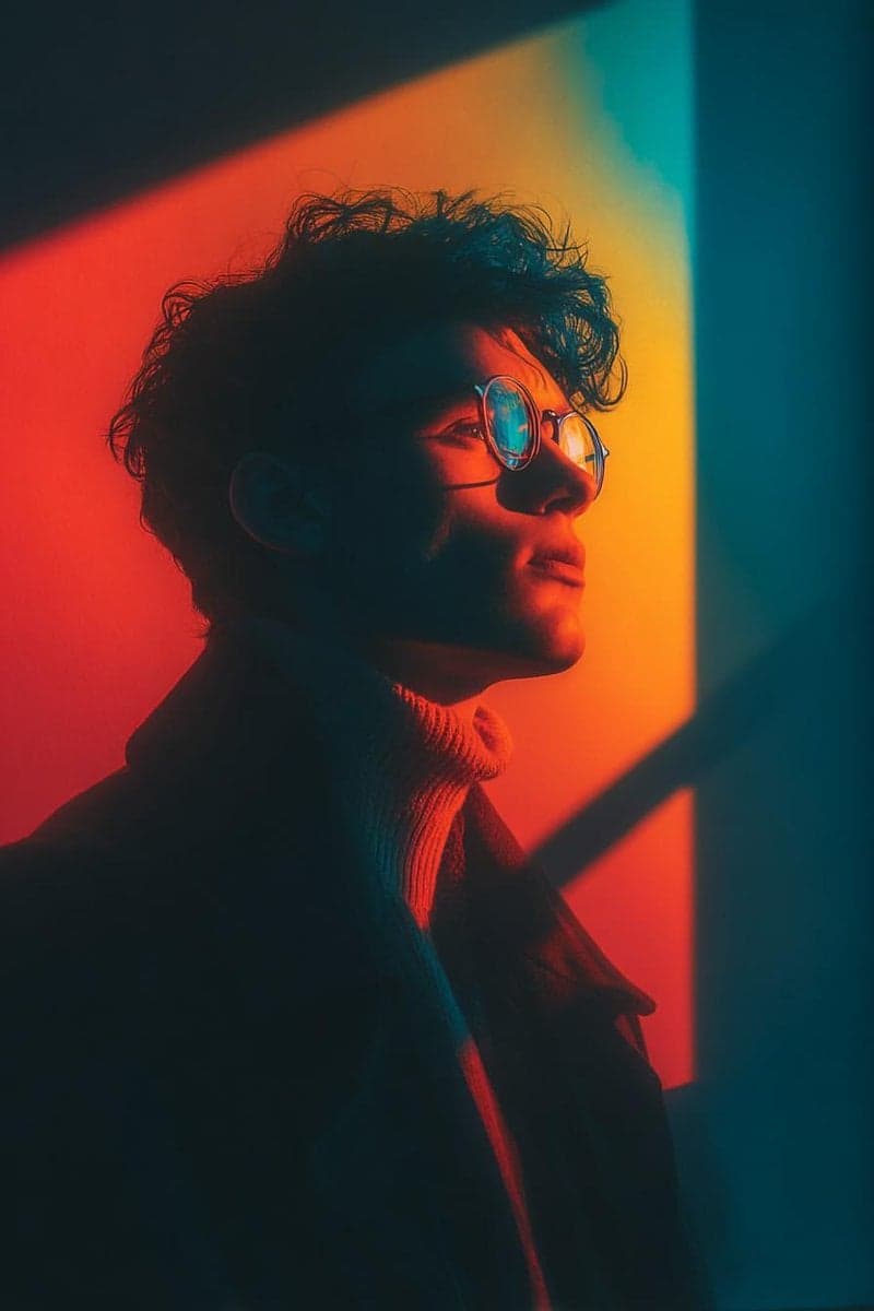 Cinematic portrait of a stylish young person wearing round g