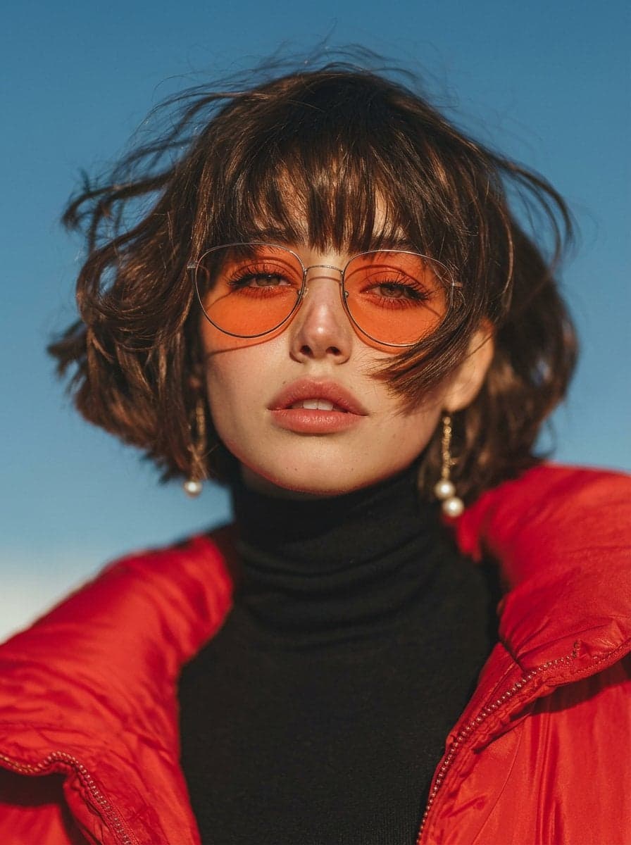 A cinematic fashion portrait of a young woman with a short w