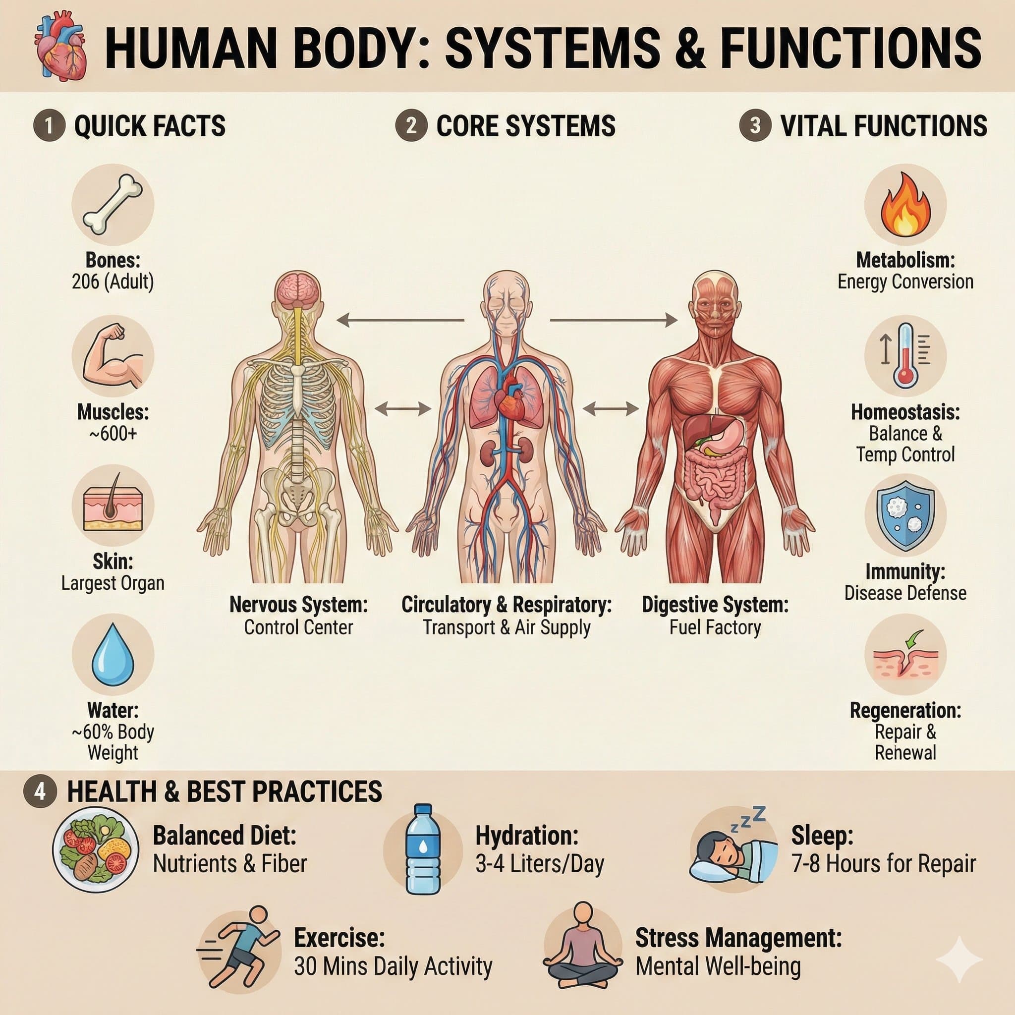 Medical infographic titled "HUMAN BODY: SYSTEMS & FUNCTIONS"