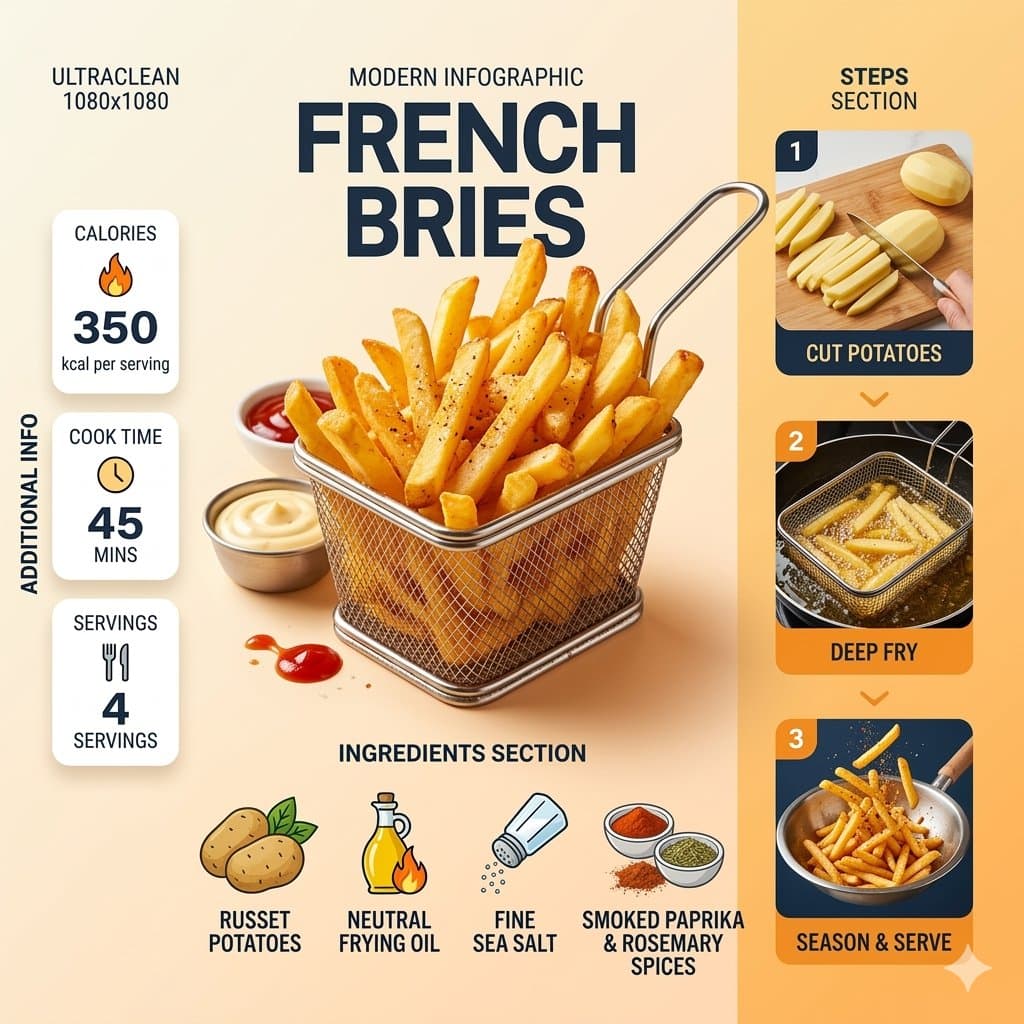 Ultra-clean modern recipe infographic. Showcase Crispy Frenc