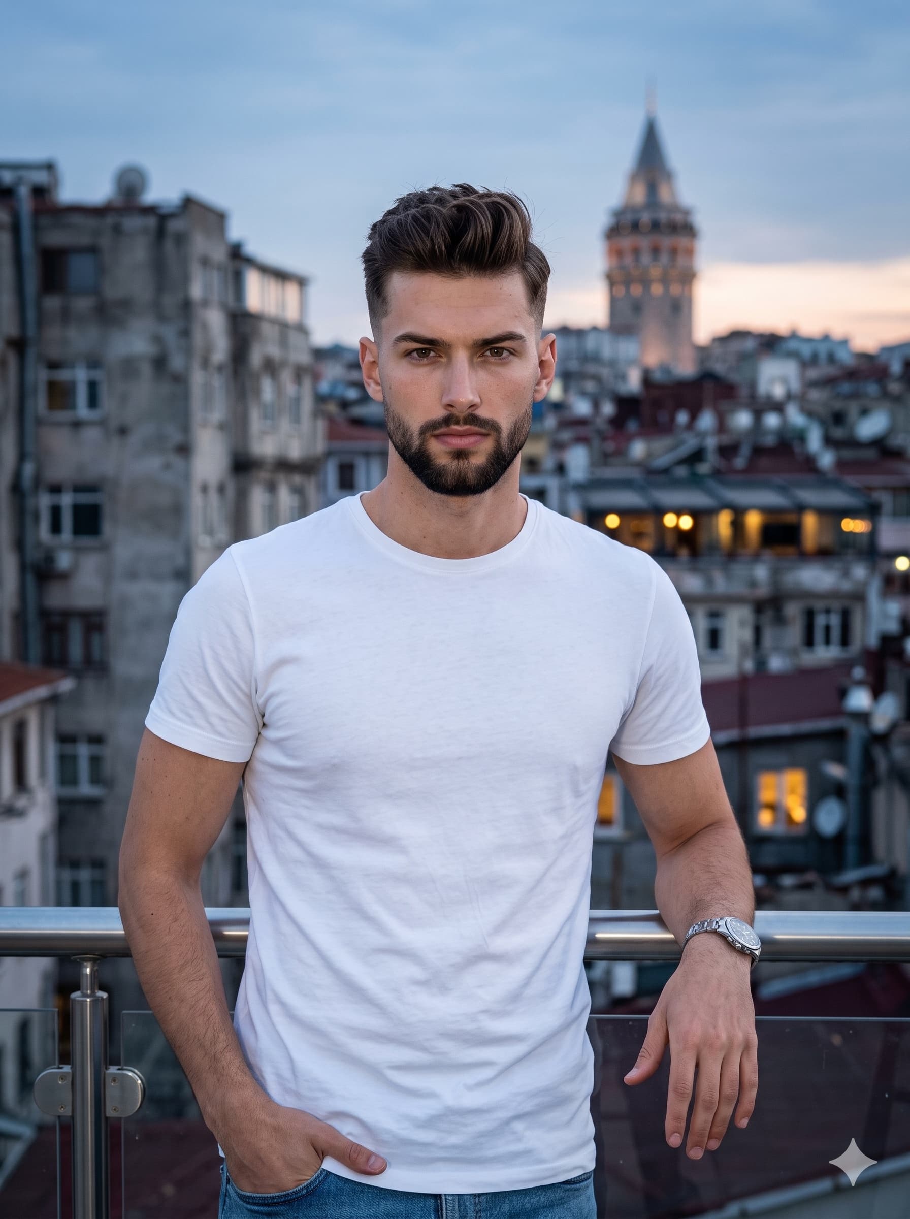 A portrait of a young male with a neat beard and short dark