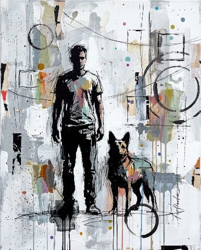 Contemporary mixed-media urban painting of [HUMAN], wearing 