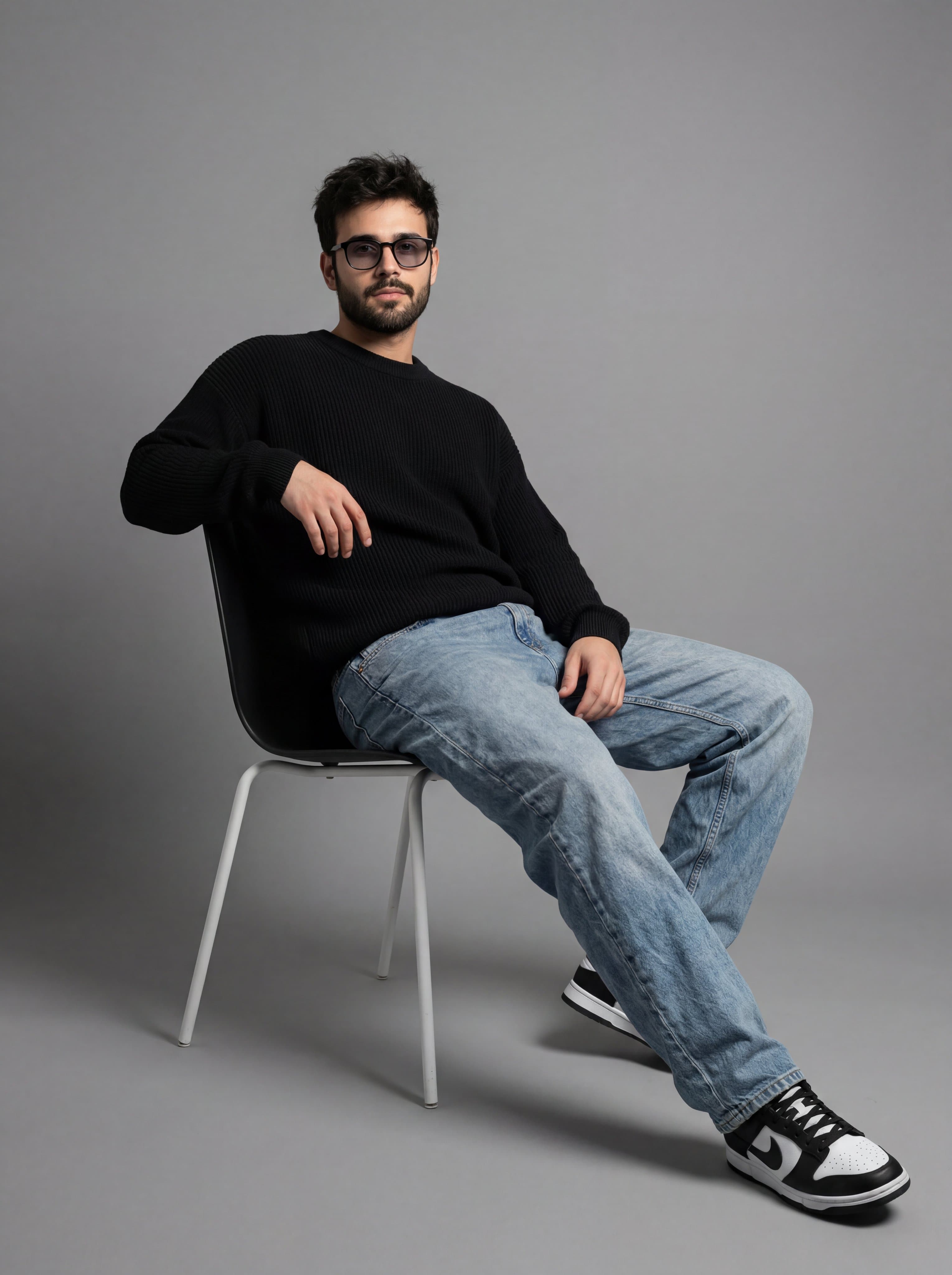 A full-length studio portrait of a young man with dark, mess