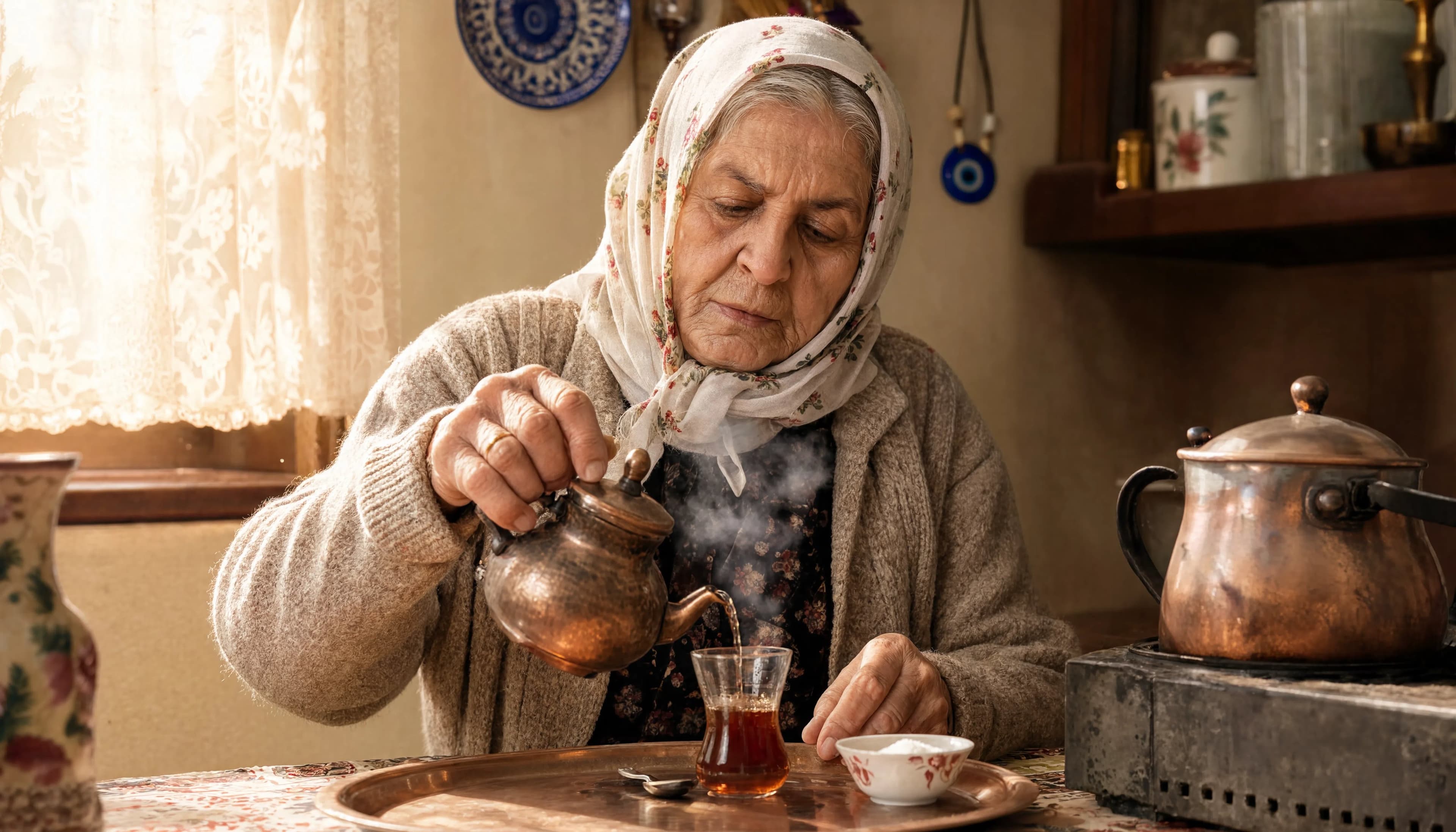 A 78-year-old Turkish grandma with a white floral headscarf 