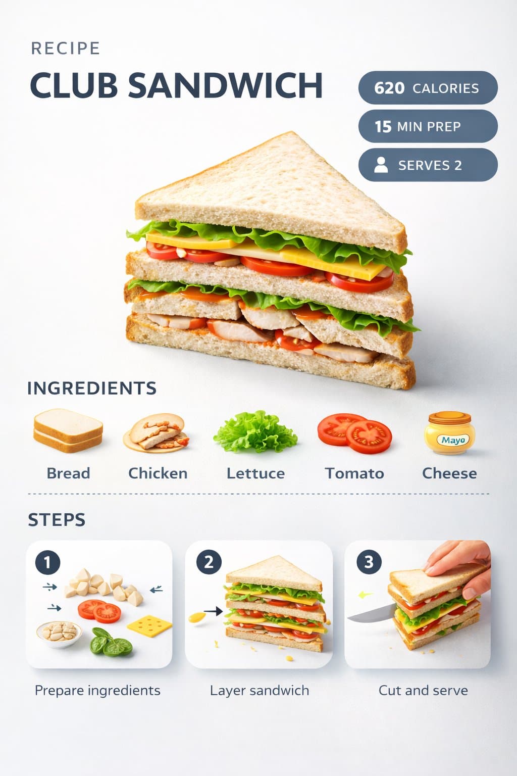 Ultra-clean modern recipe infographic. Showcase Club Sandwic