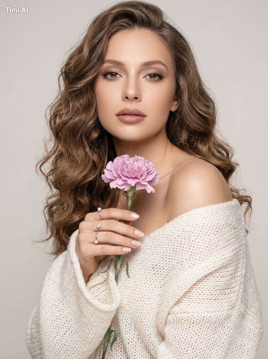 The woman holds a delicate lilac flower, her body slightly t