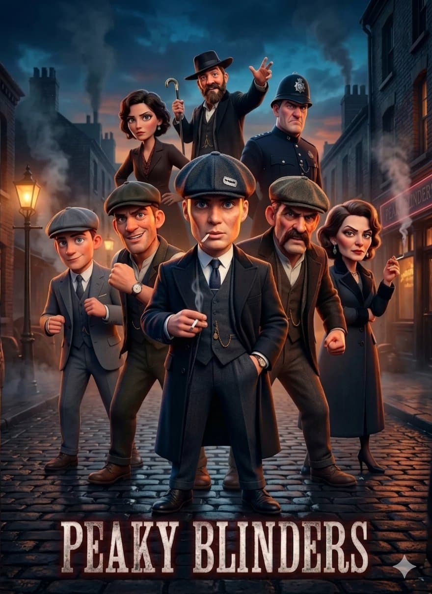 A high-quality 3D animated movie poster for "Peaky Blinders"