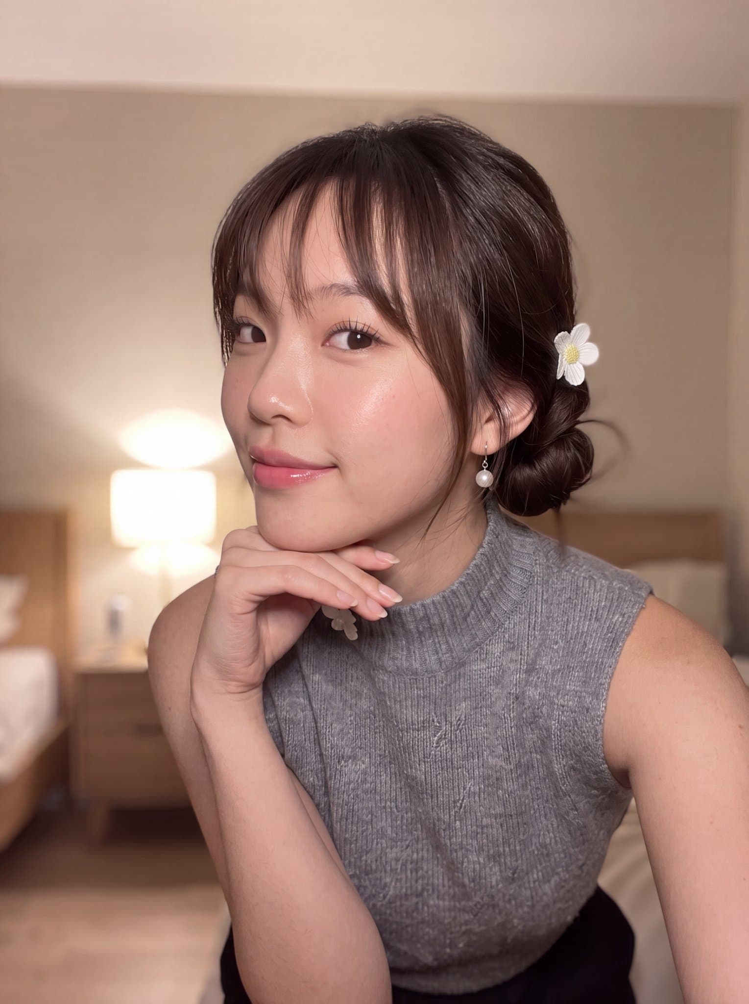 Photorealistic smartphone selfie of a beautiful young East A