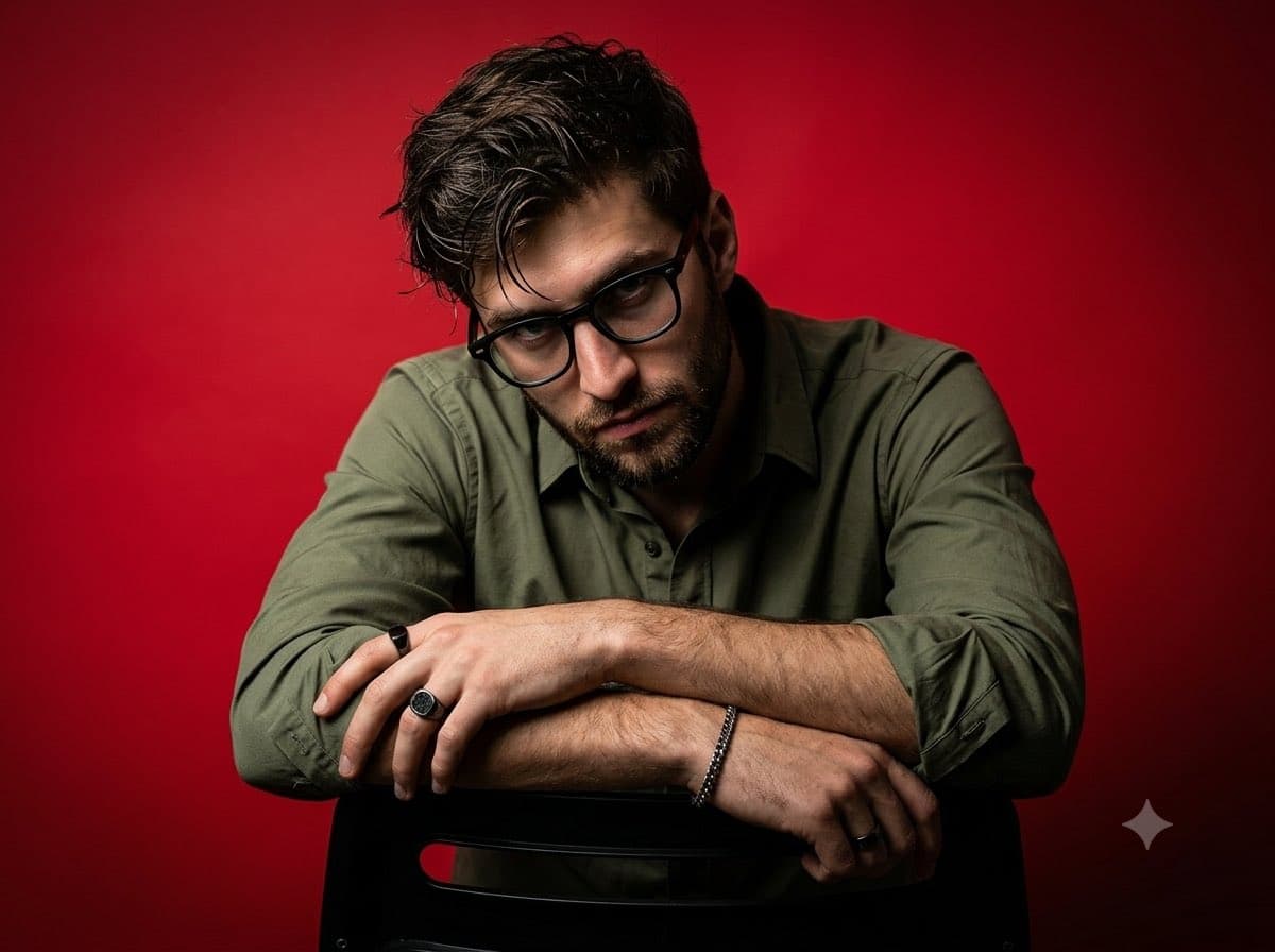 A dramatic, high-contrast studio portrait of a man with dark