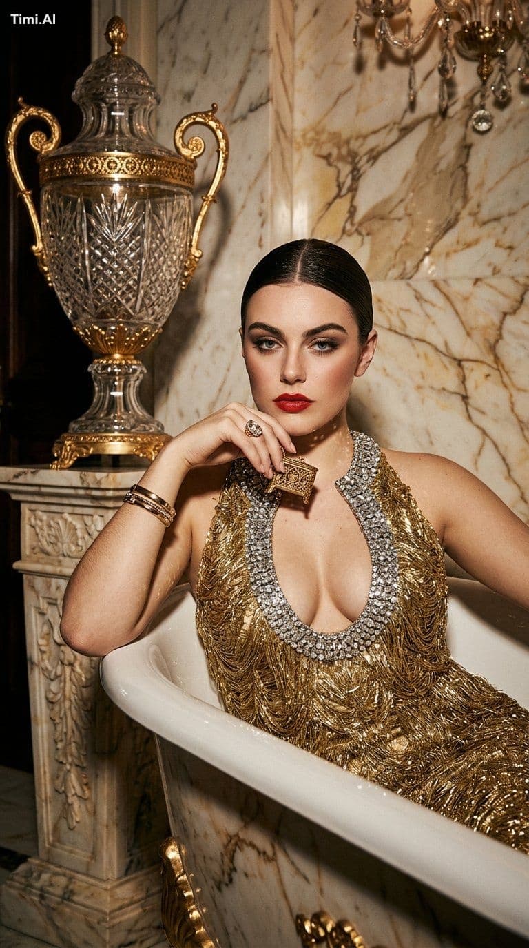 {
"scene": "High-fashion editorial portrait in a luxury es