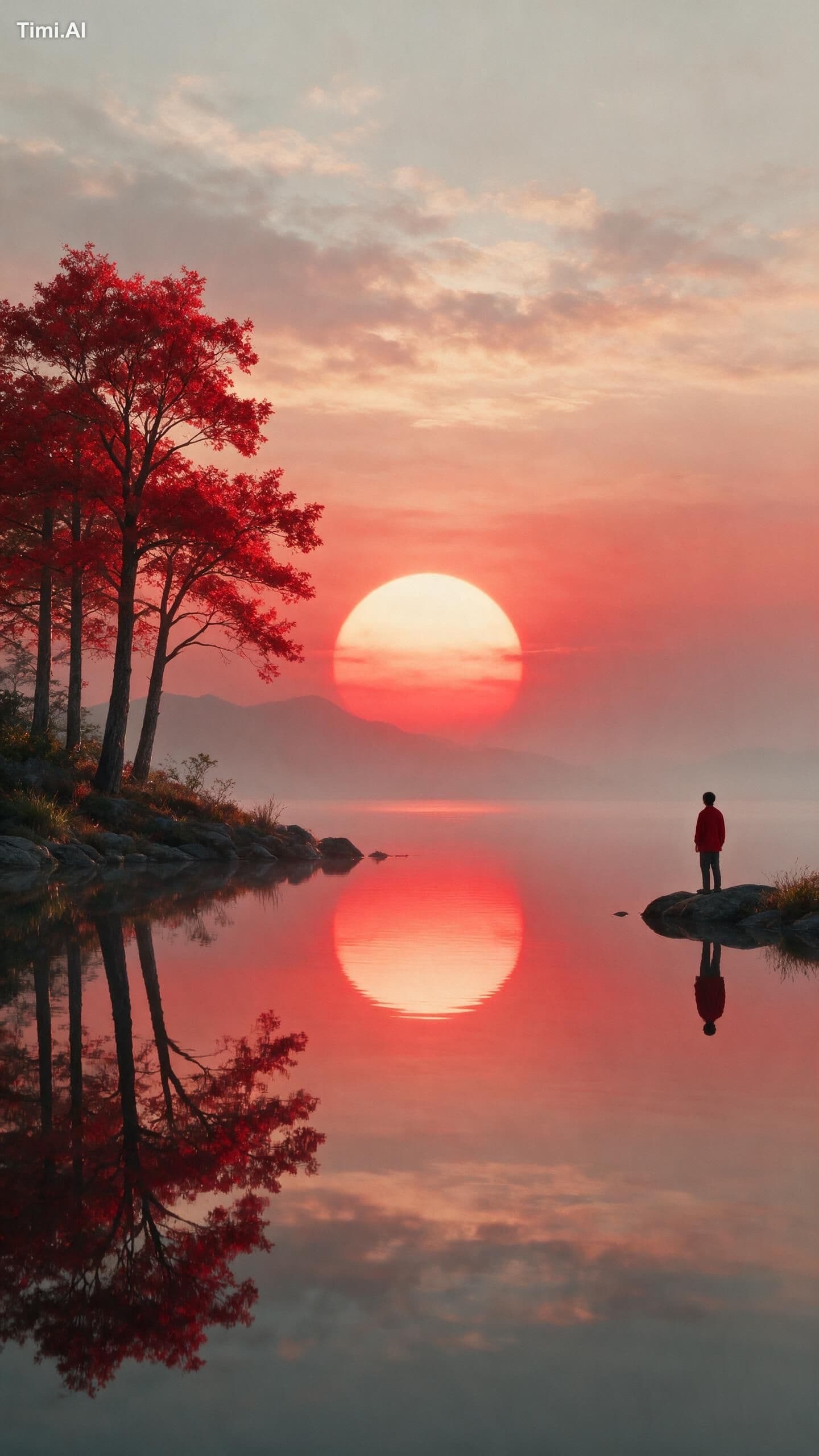 A tranquil, dreamlike landscape featuring a large, glowing s