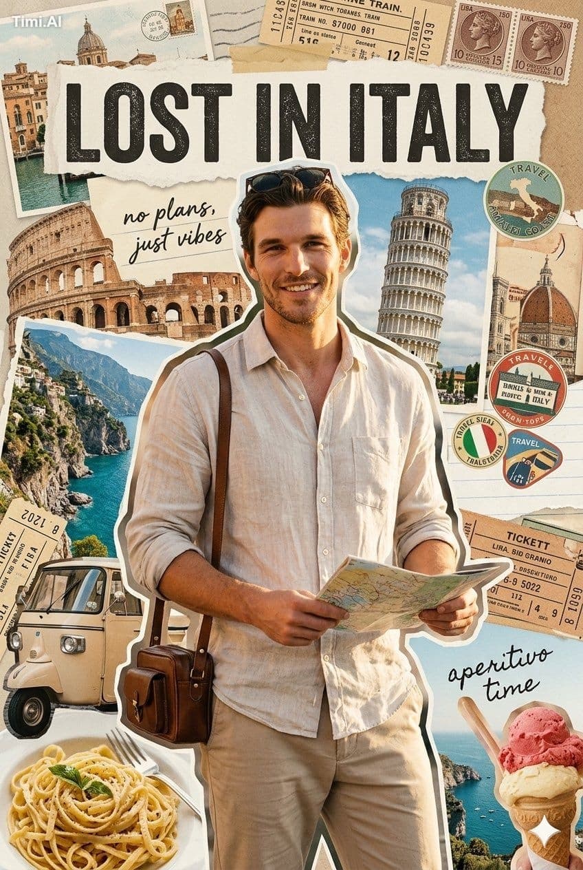 Ultra-realistic travel collage poster featuring a young man 