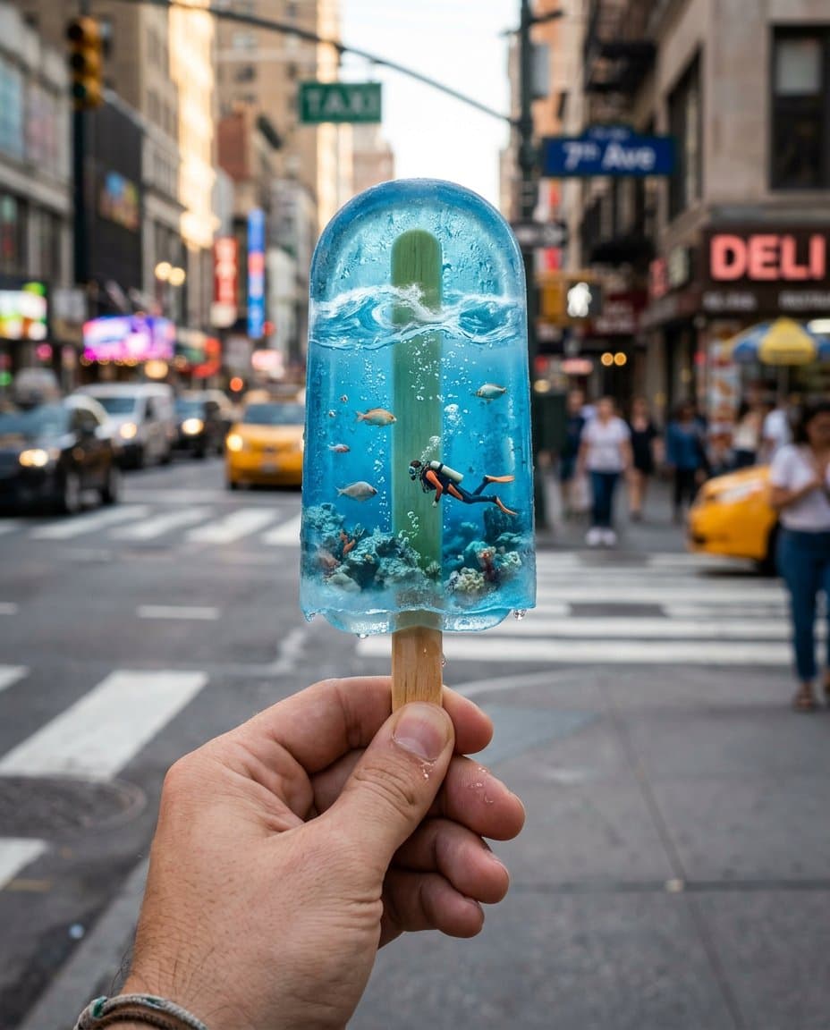 First-person perspective, one hand holding a surreal ice cre