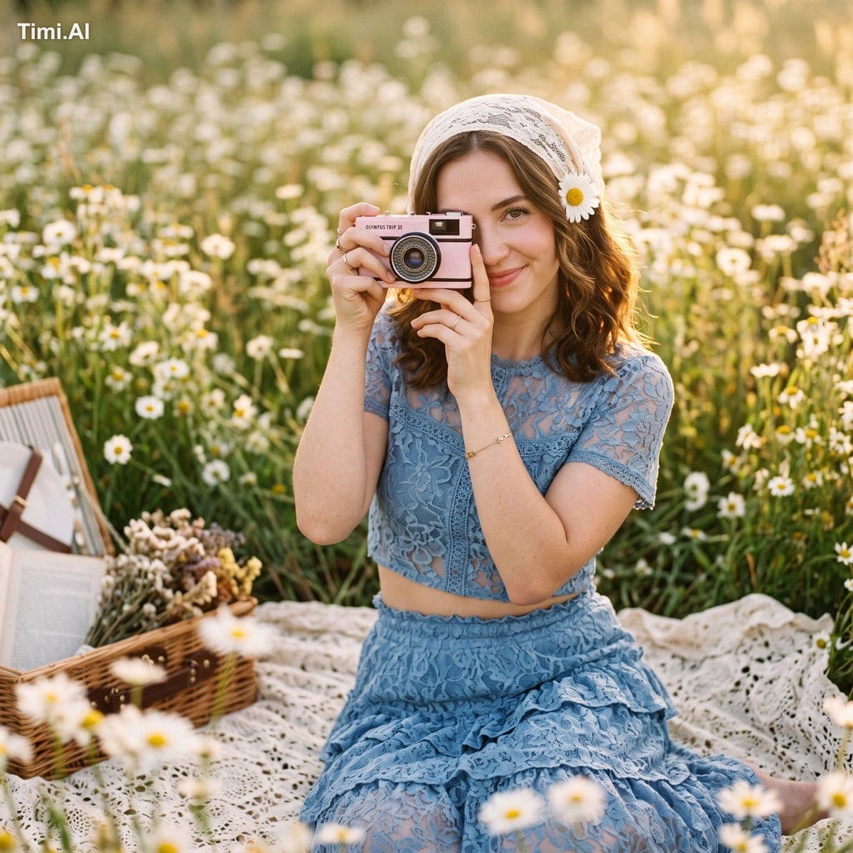 Close-up editorial portrait, young woman in blue lace crop t