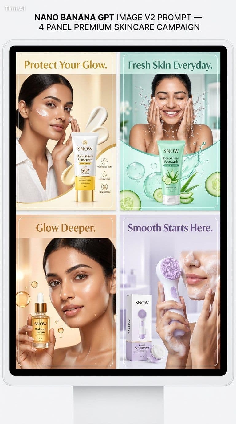 Ultra premium Indian skincare SMM campaign system, luxury be
