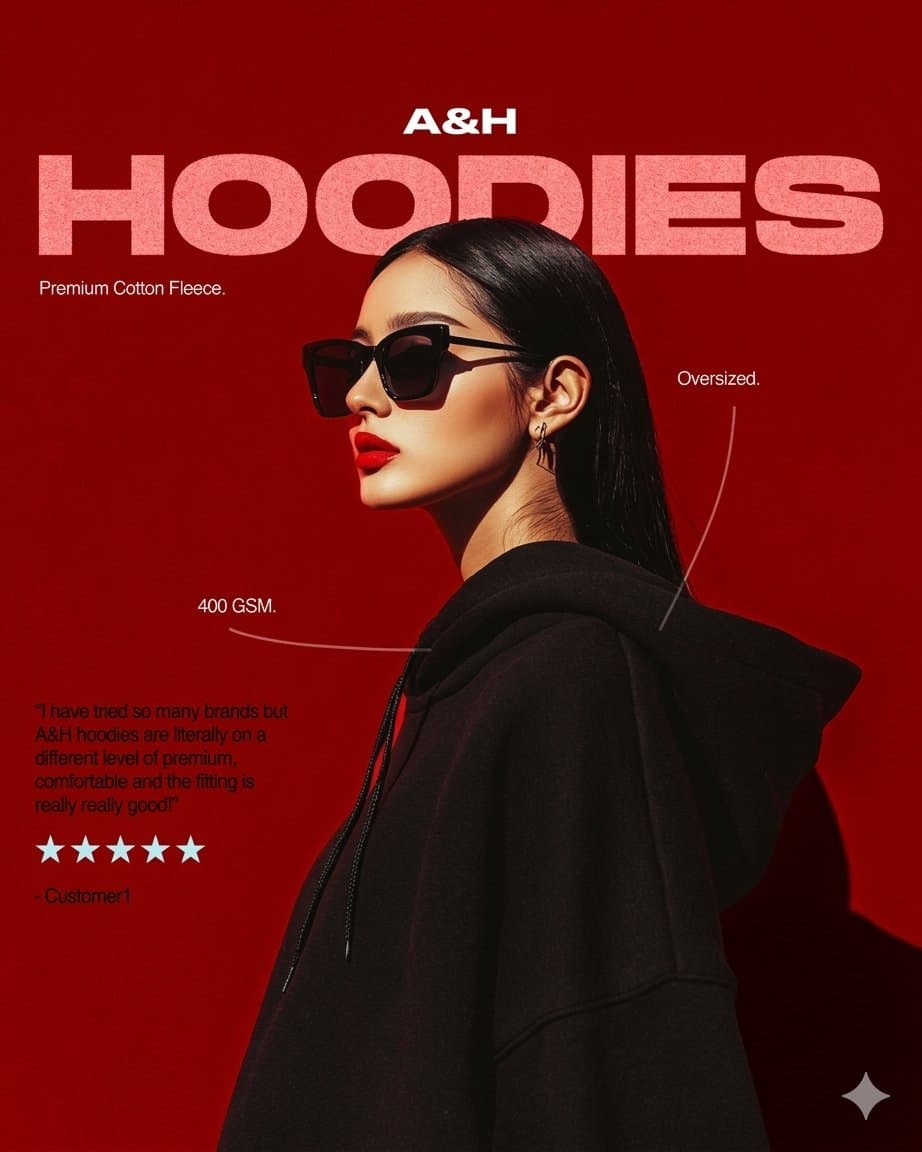 Create a modern premium fashion hoodie advertisement poster 