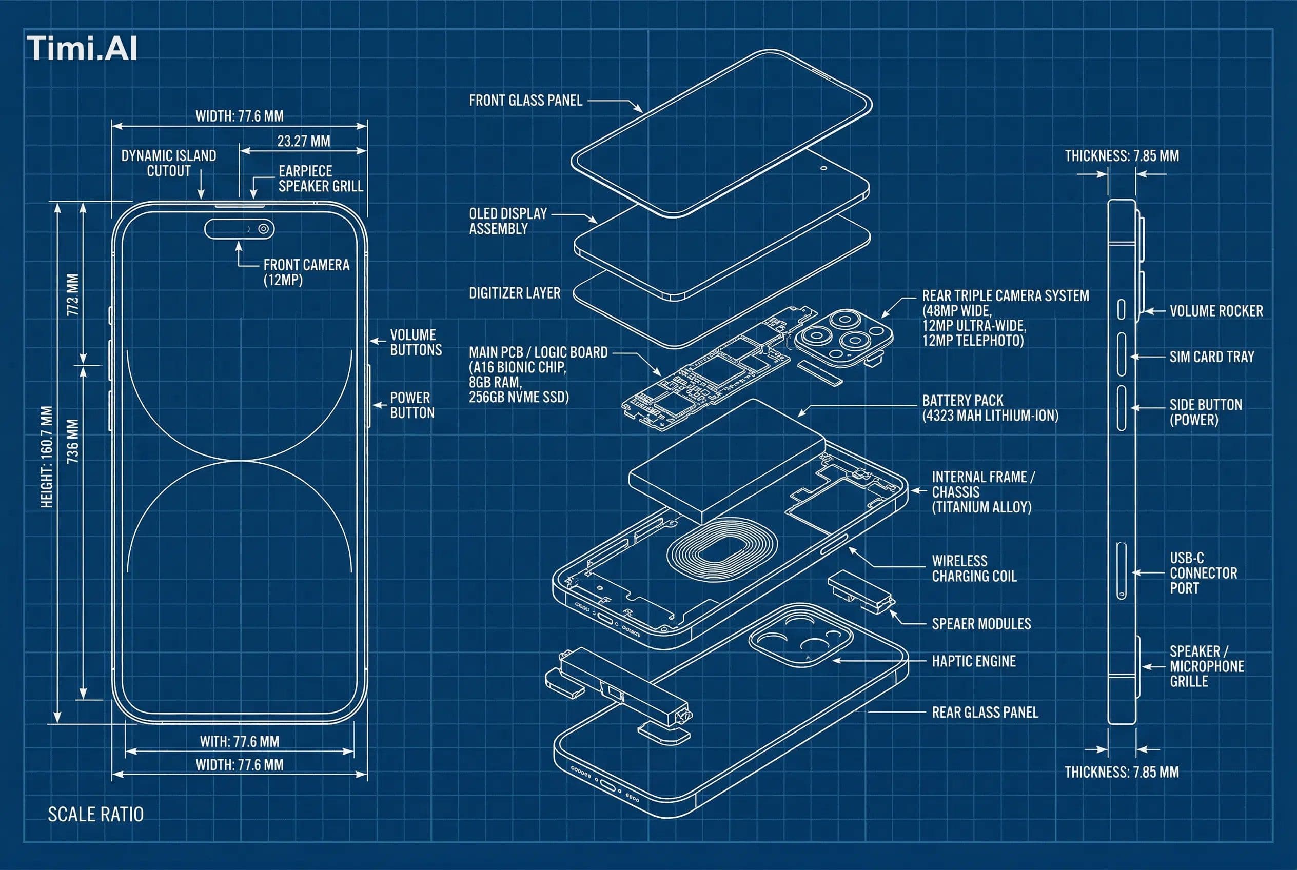 [product name], technical blueprint drawing, orthographic vi