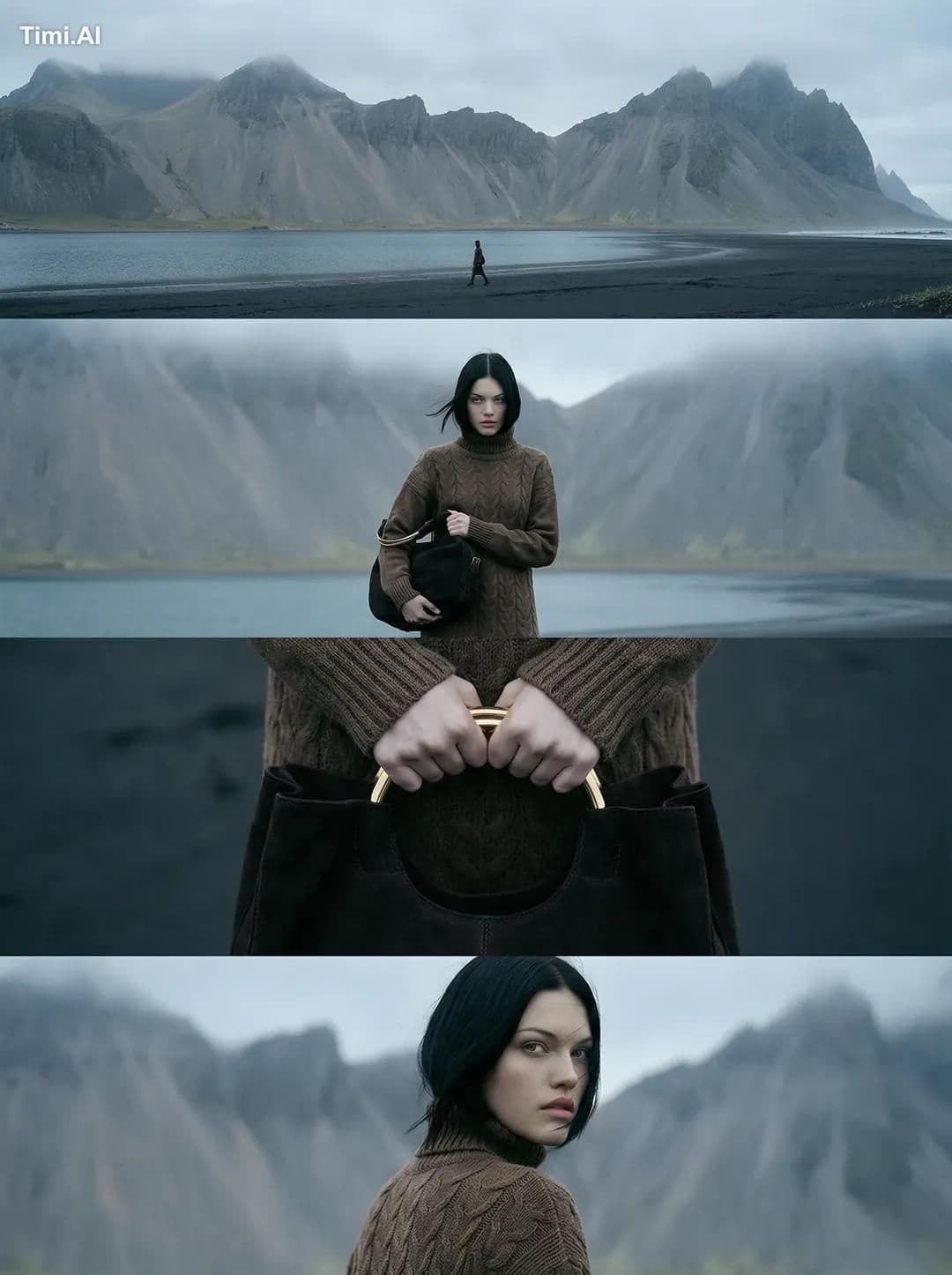 A vertical cinematic editorial image composed of four horizo