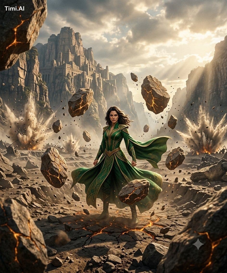 Female earth mage standing in the middle of a shattered batt