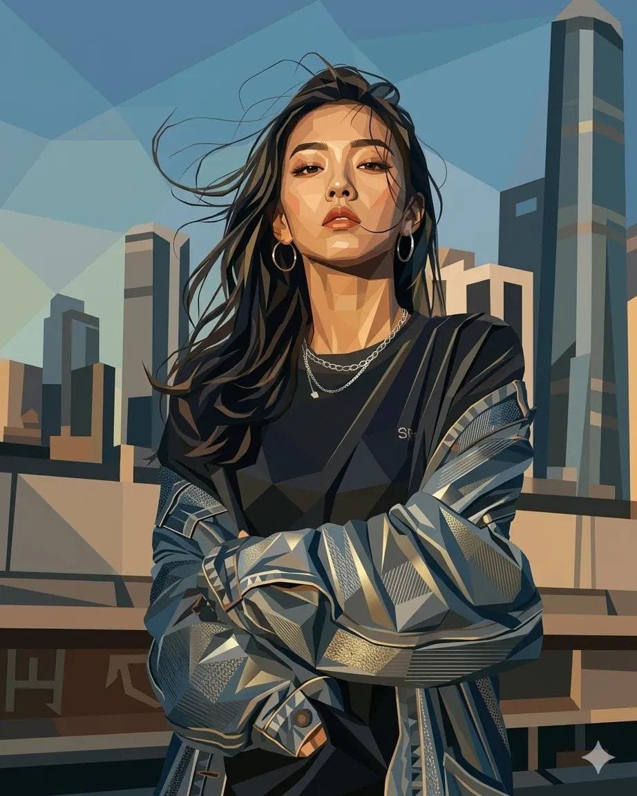 Create a highly detailed geometric fashion portrait illustra
