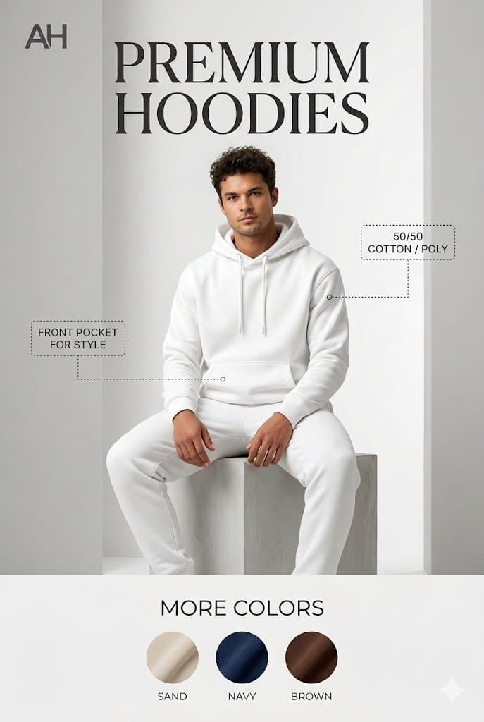 Create a premium fashion advertisement poster for “AH” hoodi