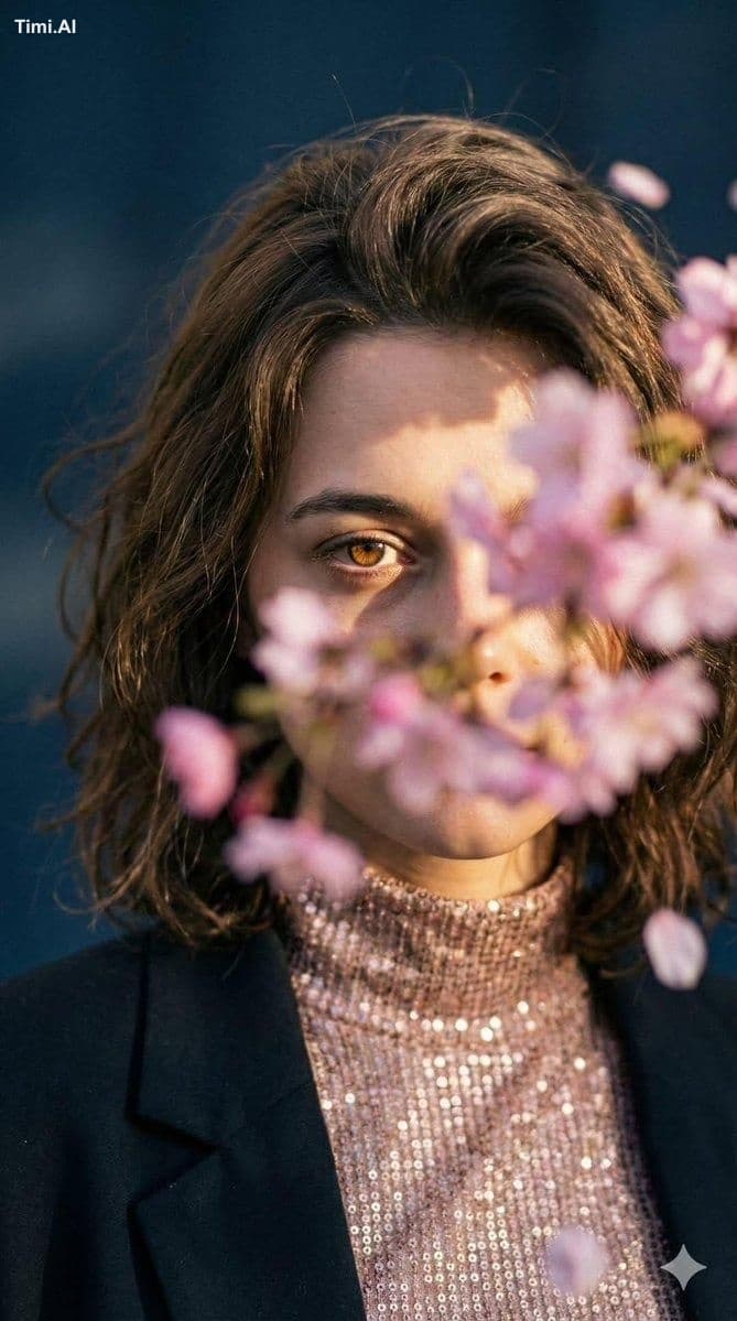 Poetic cinematic close-up portrait of a young woman partiall