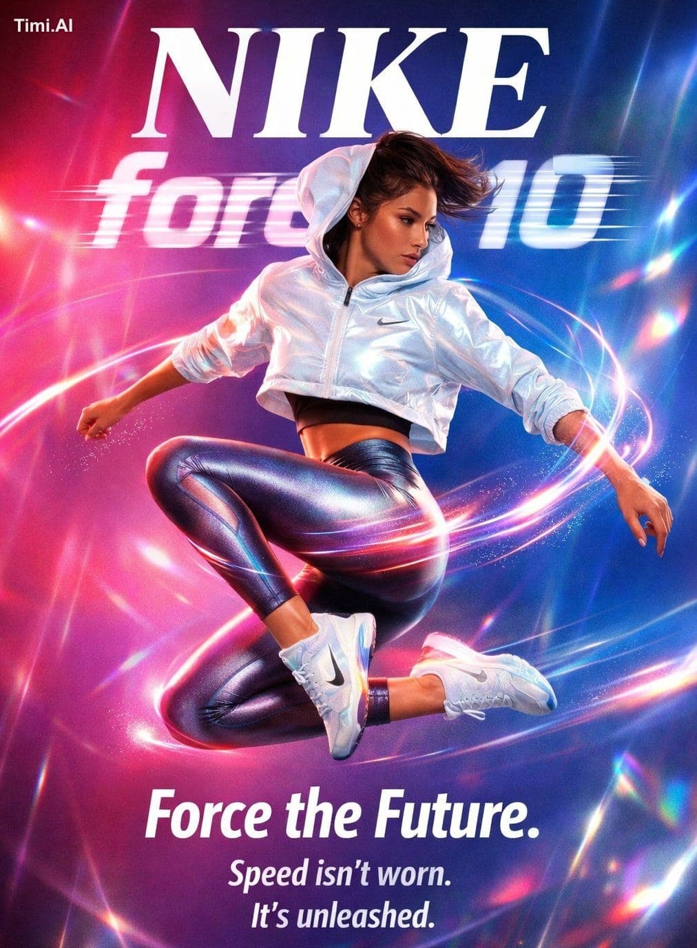 A dynamic fashion advertisement for Nike showing a hyper-rea