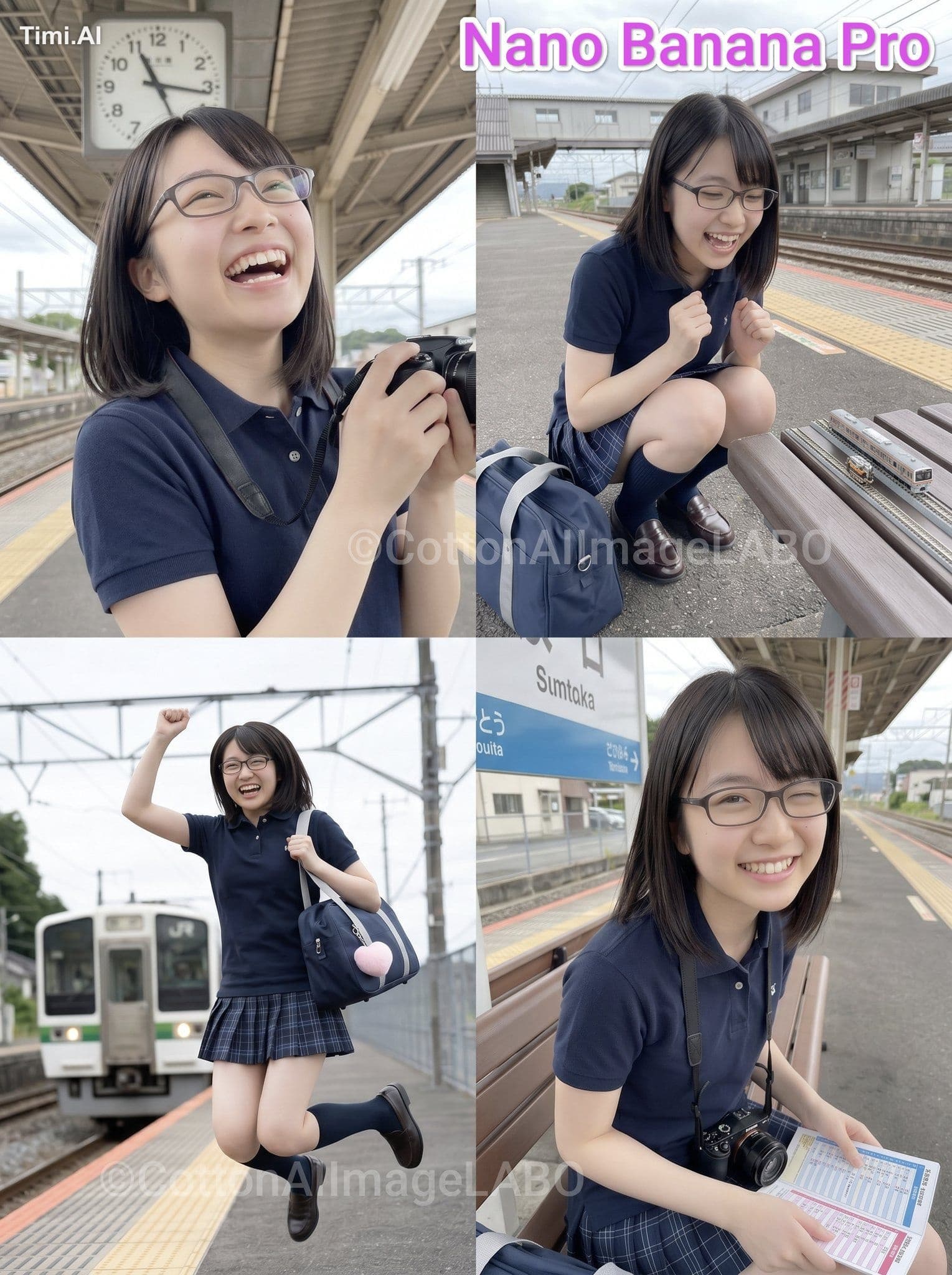 3:4のアスペクトで田の字形に均等に4分割し、添付画像の日本人成人女性さまざまな表情やポーズの写真を4枚作ってコラージュ