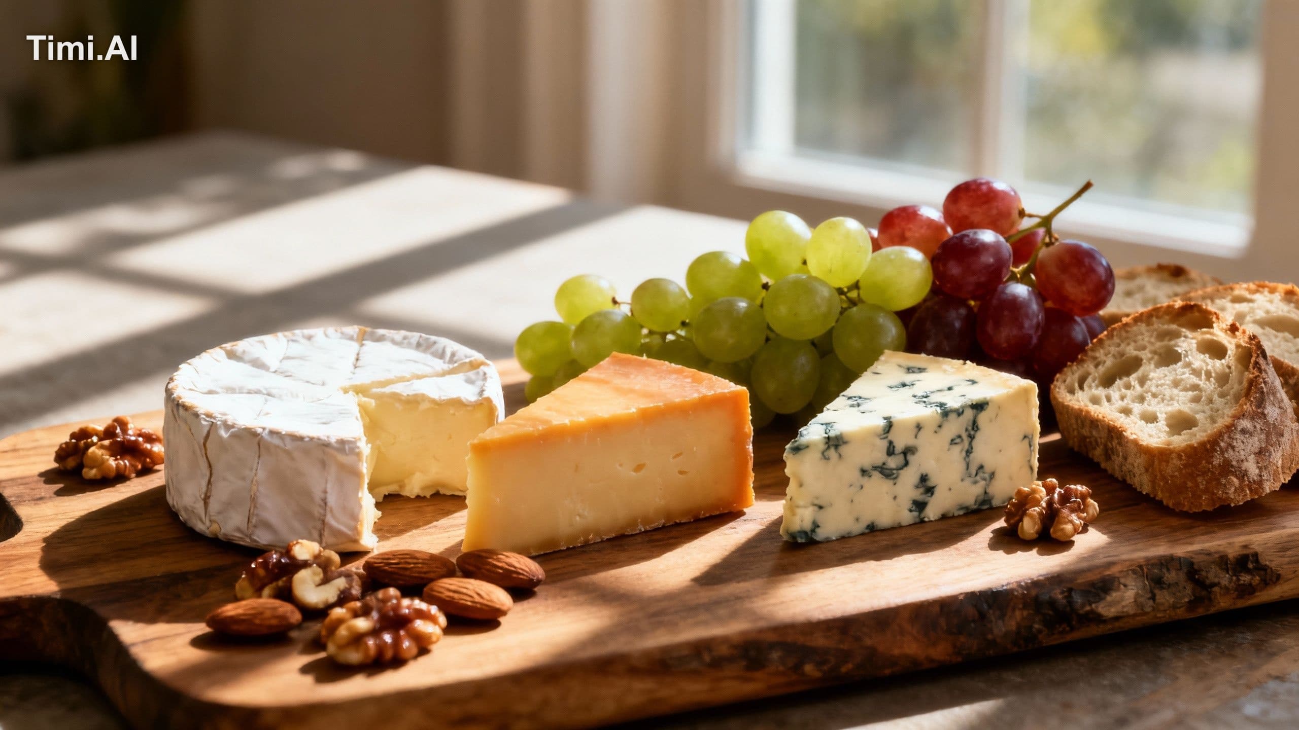 Artisan cheese platter with grapes, nuts, and rustic bread,