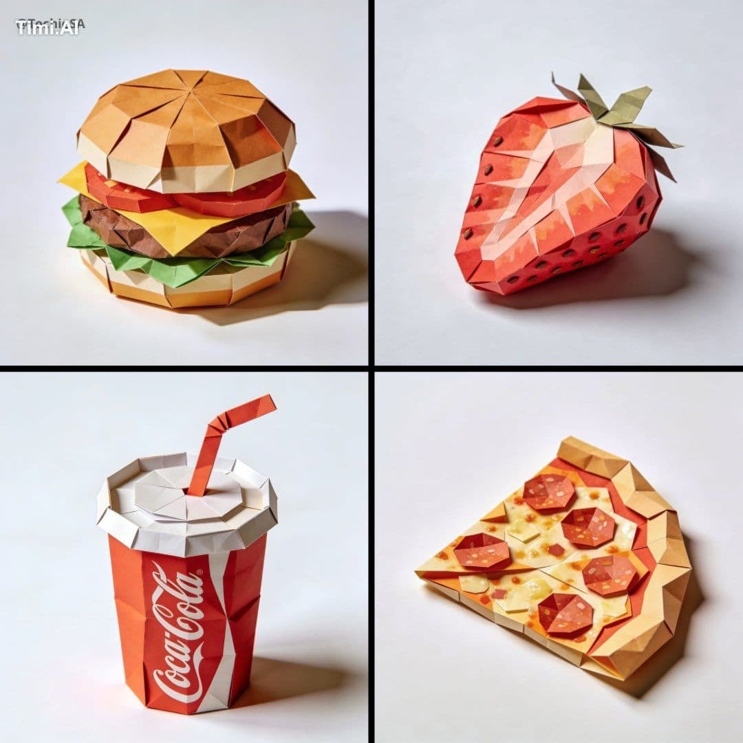 A hyper-detailed origami [FOOD ITEM] folded from realistic c
