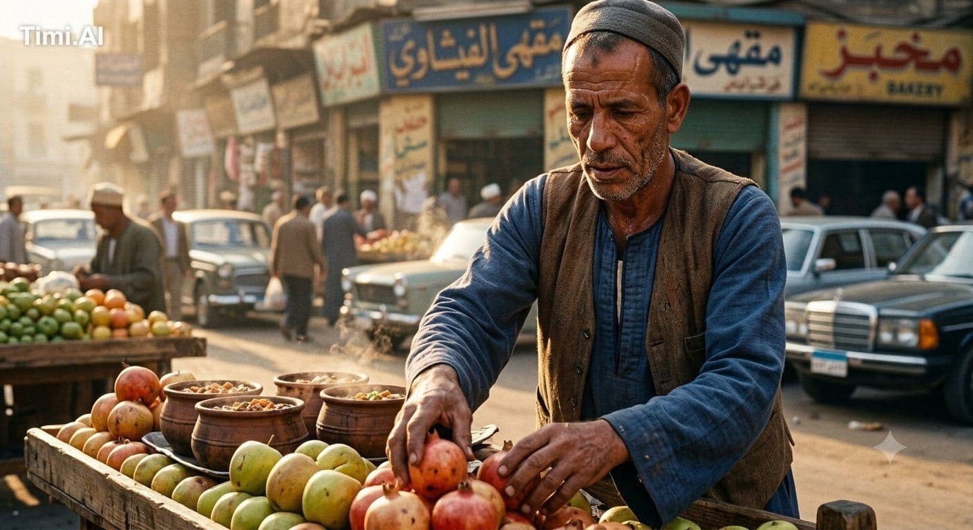 Early morning street market in downtown Cairo 1970, street v