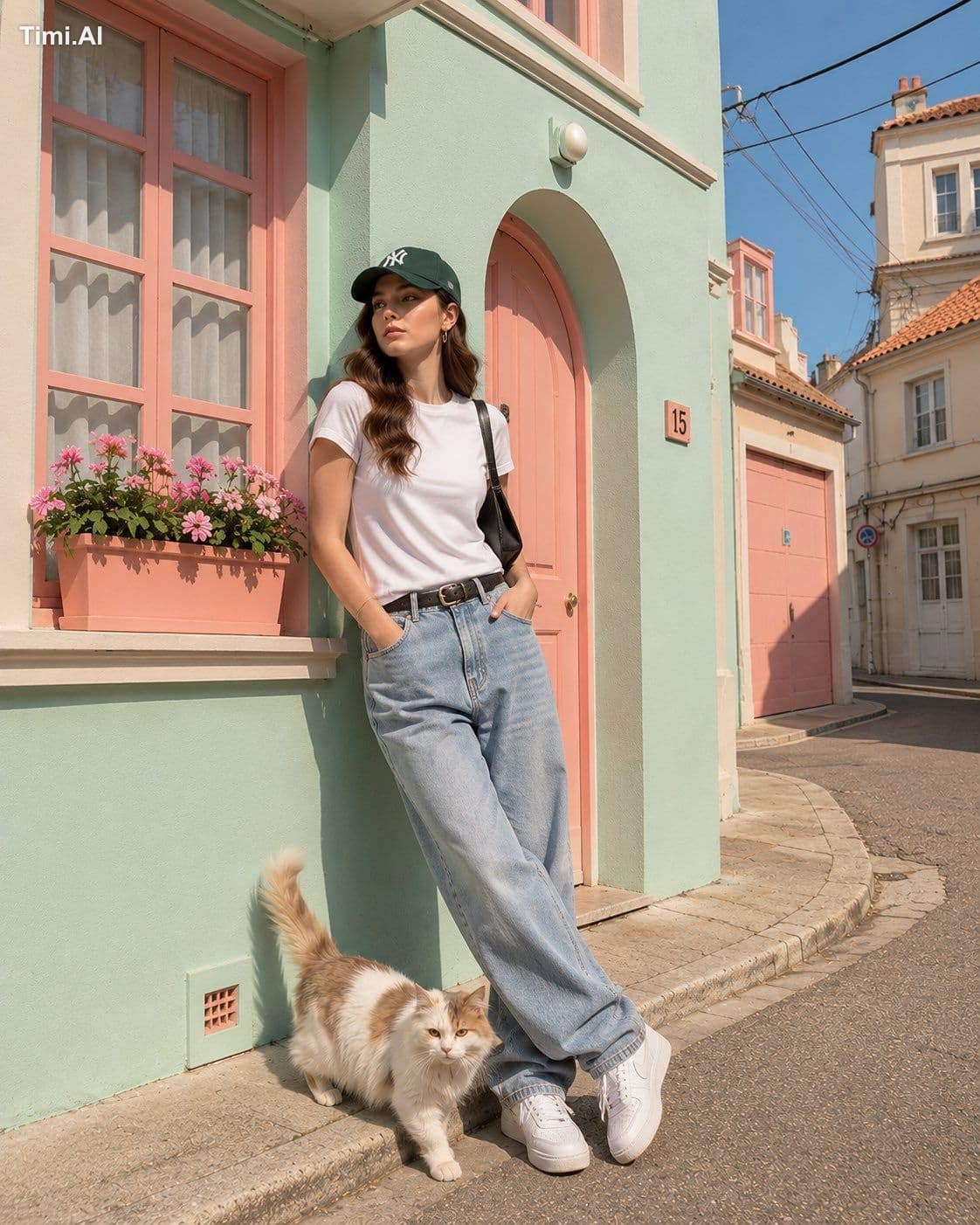 A playful pastel editorial street photograph of [HUMAN] wear