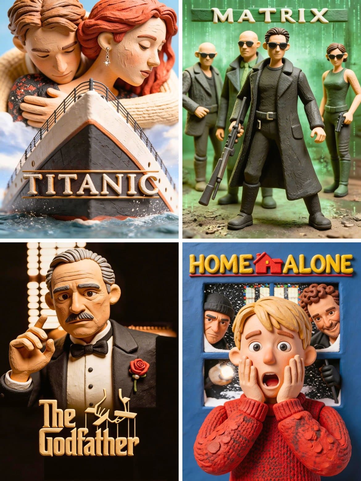 Restyle the reference movie poster in claymation style. Keep