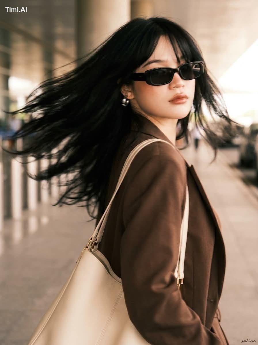 A stylish young woman with long layered black hair and soft 