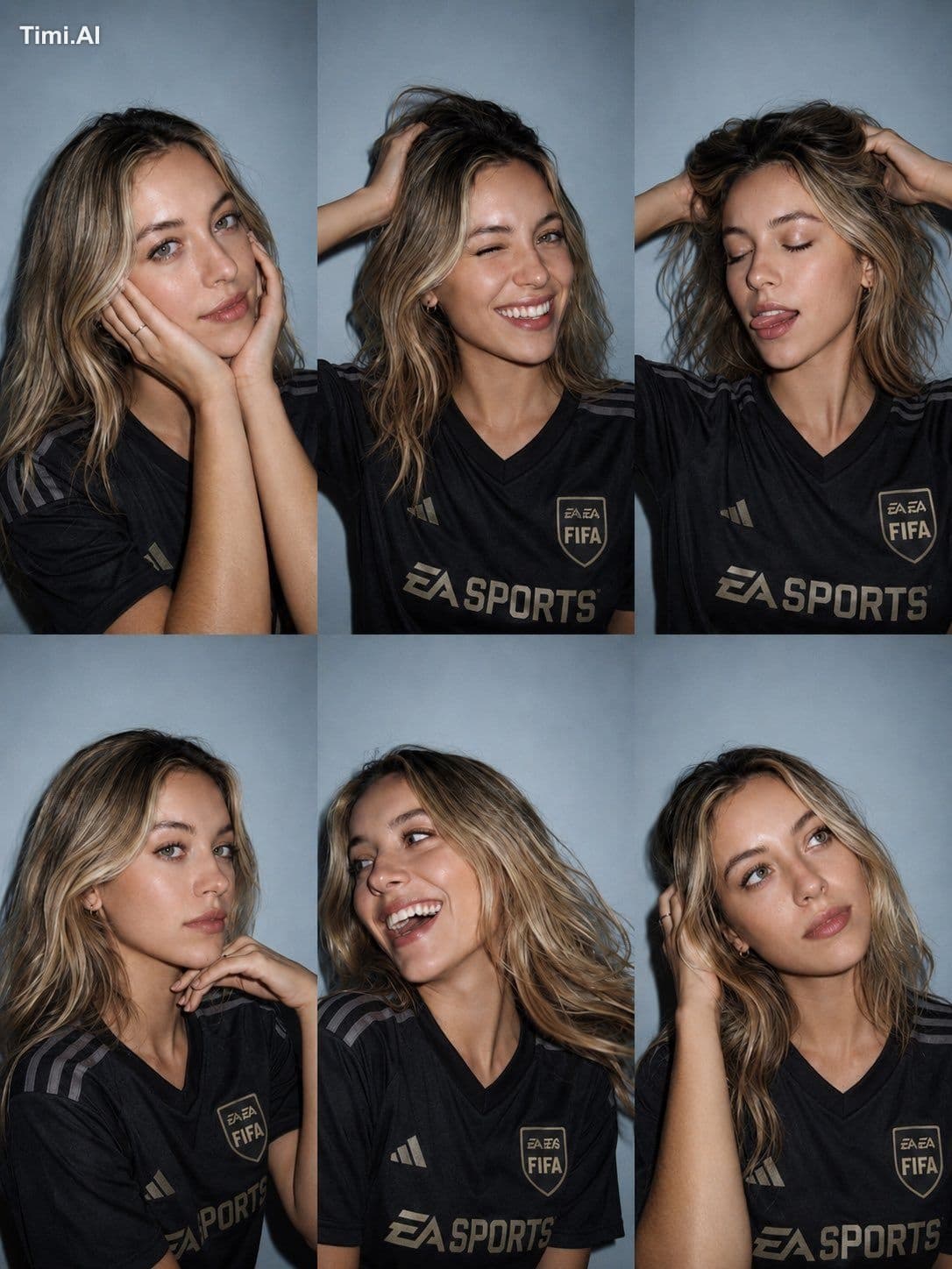 Ultra-realistic 6-photo collage (3×2 grid) of the same perso