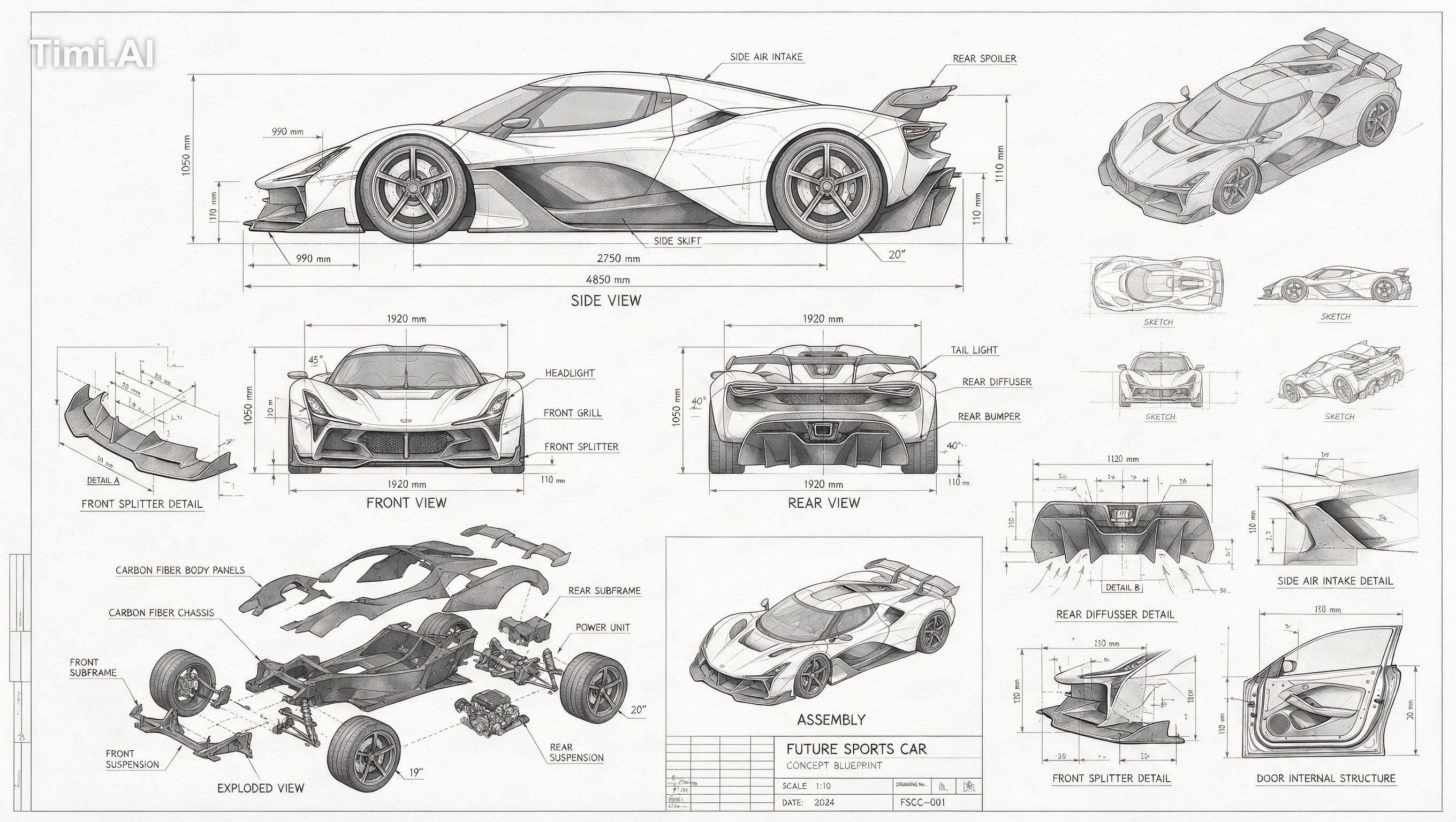 A technical drawing of a futuristic sports car in blueprint