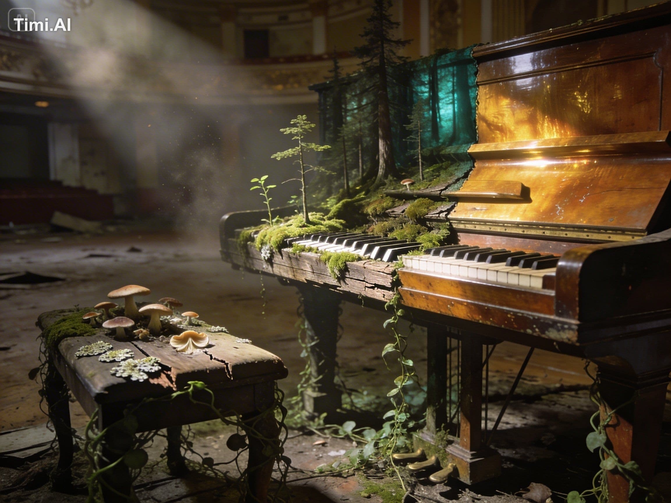 Grand piano in an abandoned ballroom, half consumed by fores