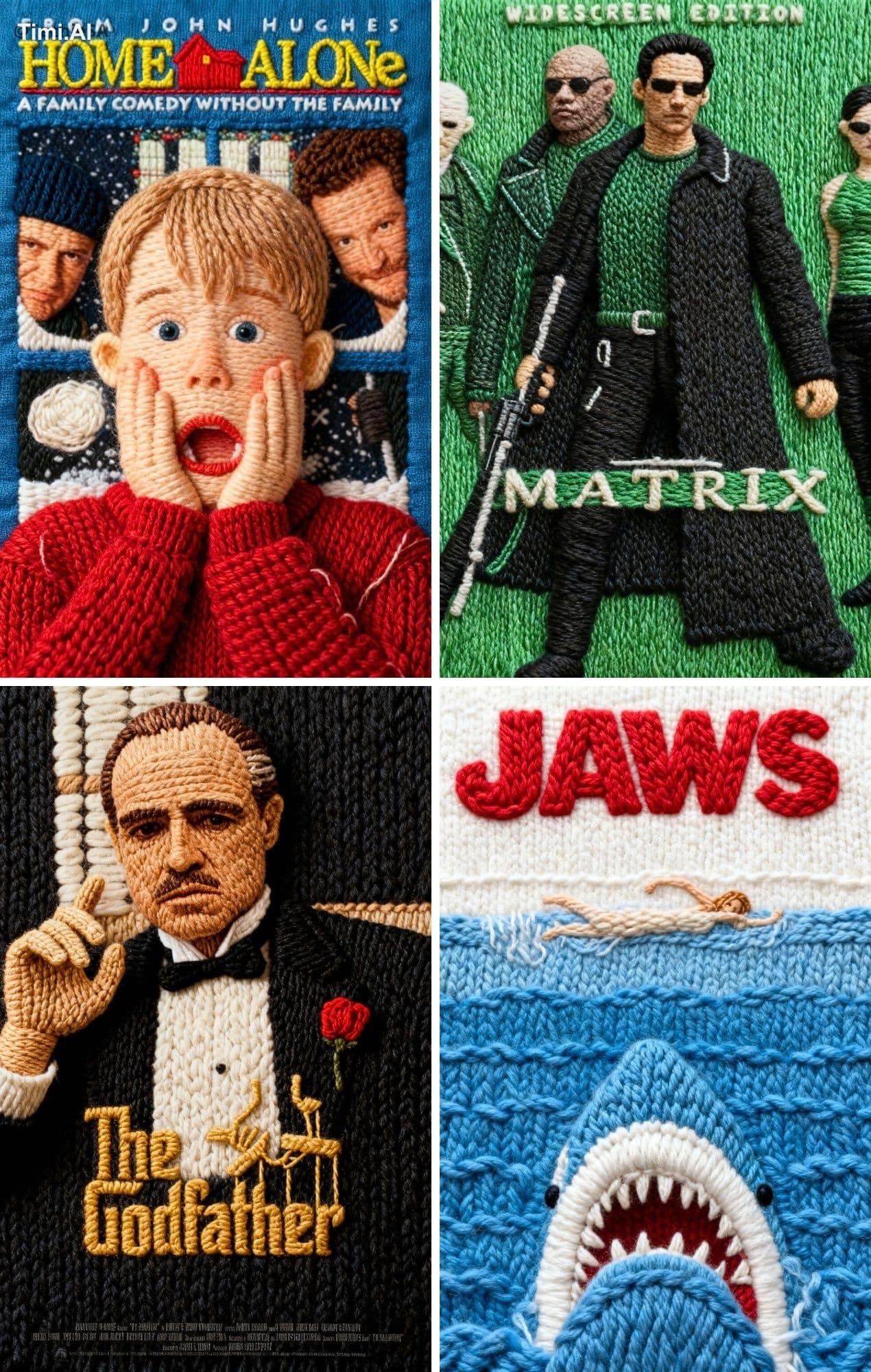Transform this movie poster into a hand-knitted artwork, mad