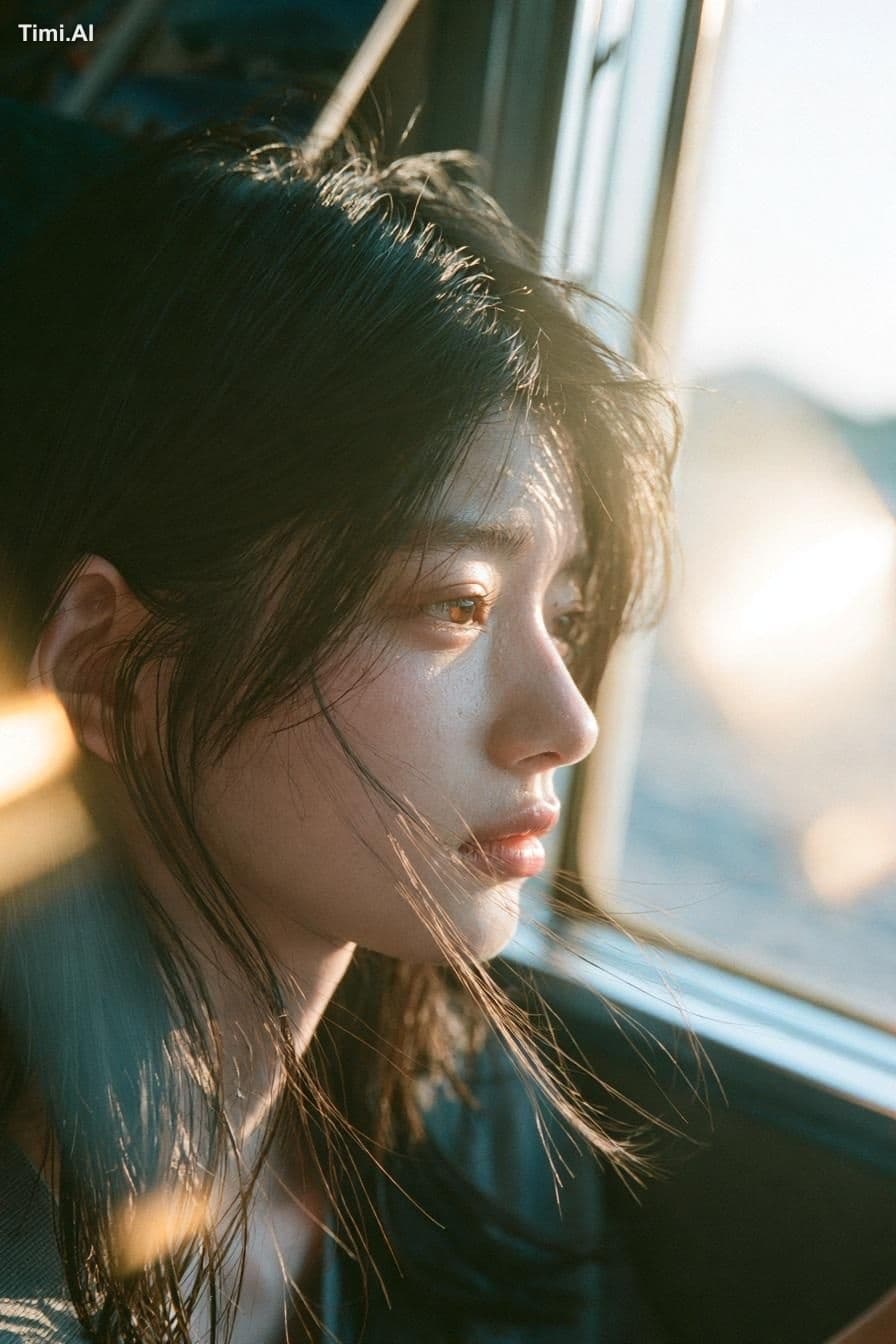 A melancholic young East Asian woman with long, slightly mes