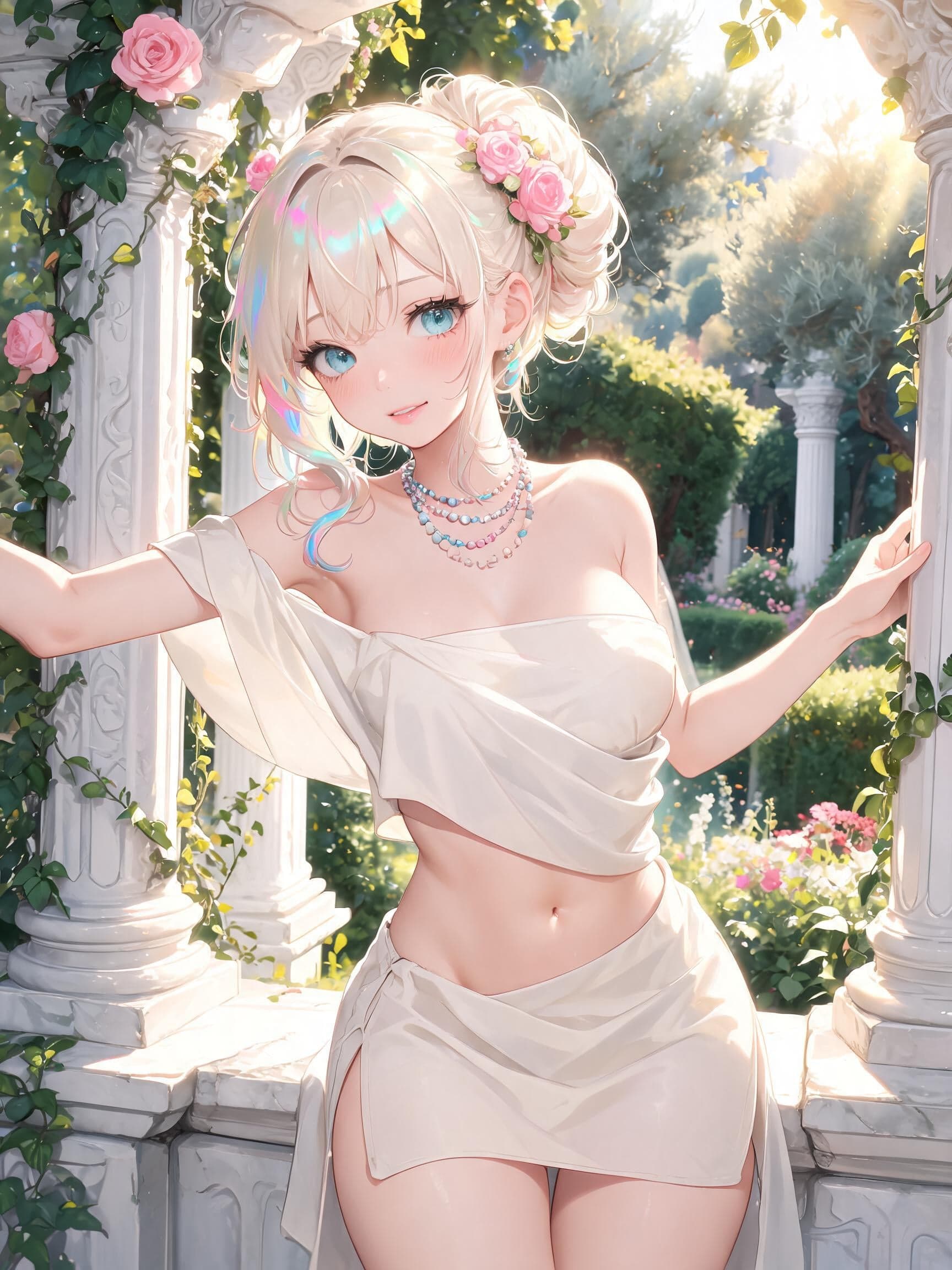 a super cute young college student with flowing soft platinu