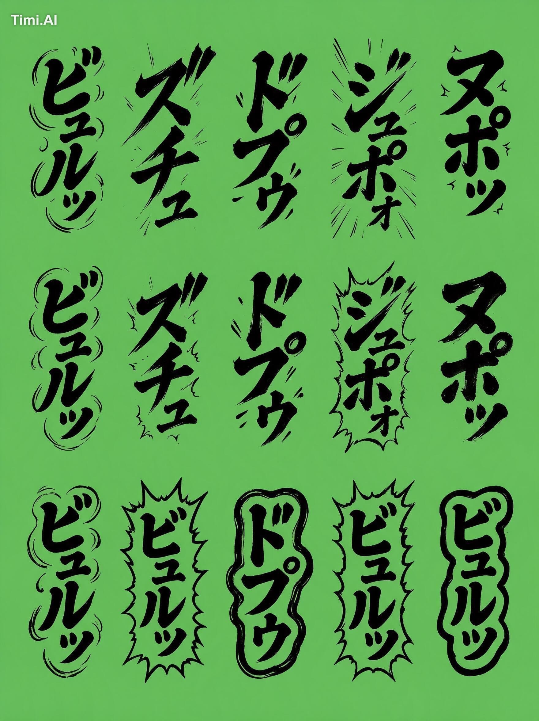日本の縦書き漫画の描き文字・オノマトペ。同じもので3パターン。 背景はグリーンバック(切り抜きやすいように)、文字は黒一