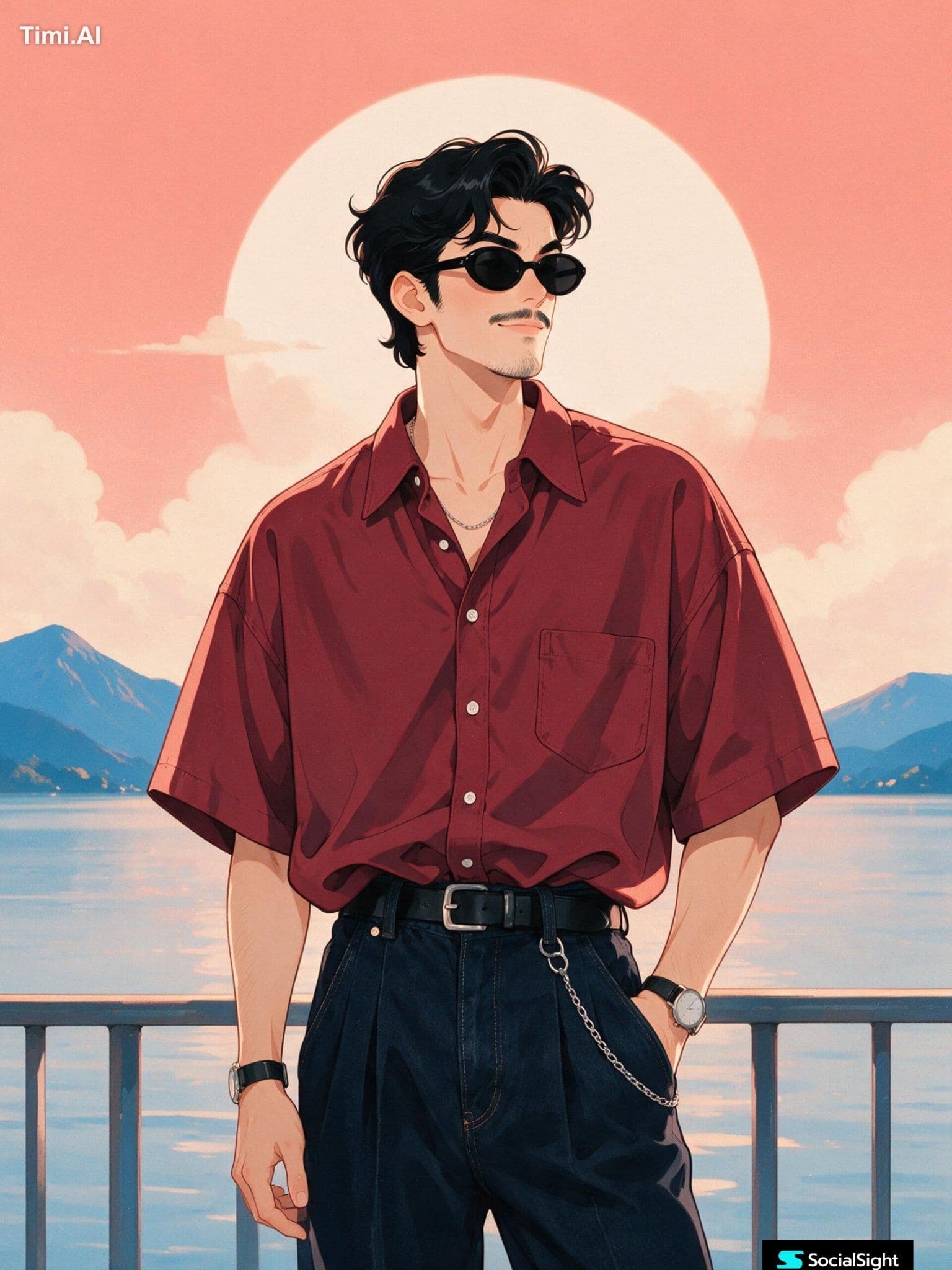 A stylish young handsome man standing by a lakeside railing