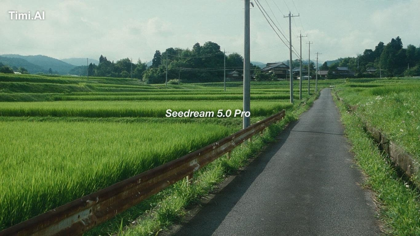 Cinematic film still,
rural Japanese rice paddy landscape in