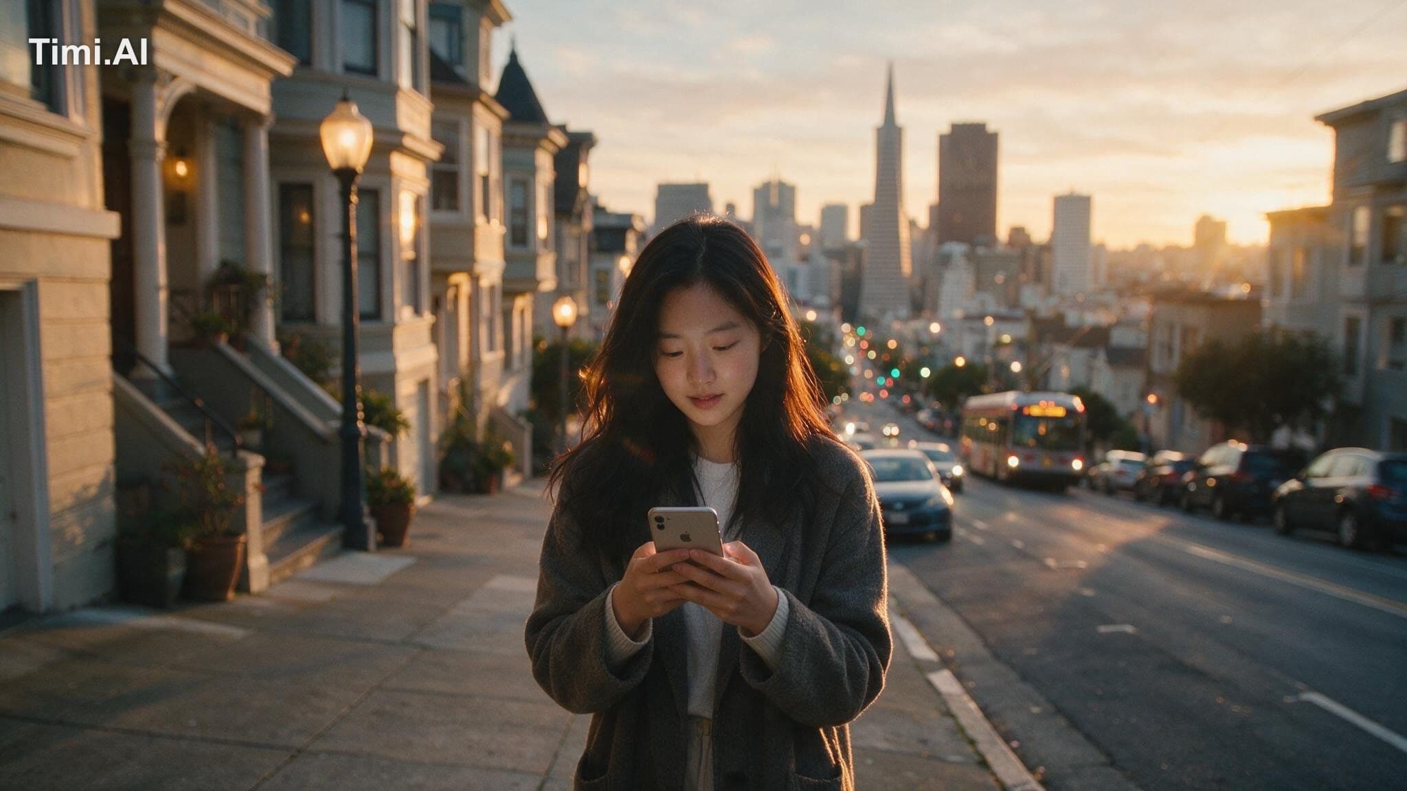 a Korean girl in her twenties on her iPhone in San Francisco